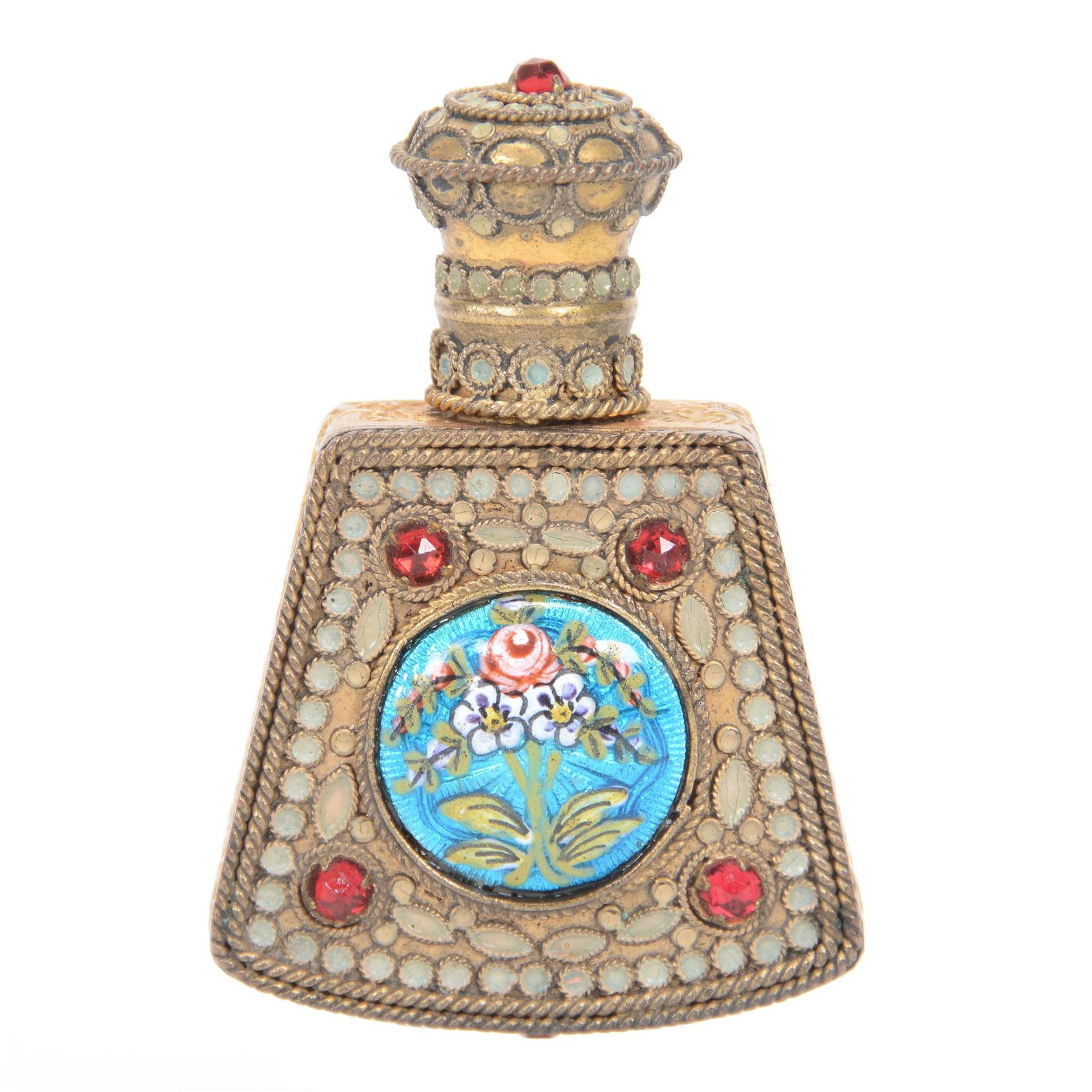 Miniature Flask, Gilt Metal W/Wire Design: Miniature Flask, Gilt Metal W/Wire Design, 2.5" x 1.5", Inset Garnet Stone, Elaborate Wire Design, French Enamel Medallion, Missouri private collection