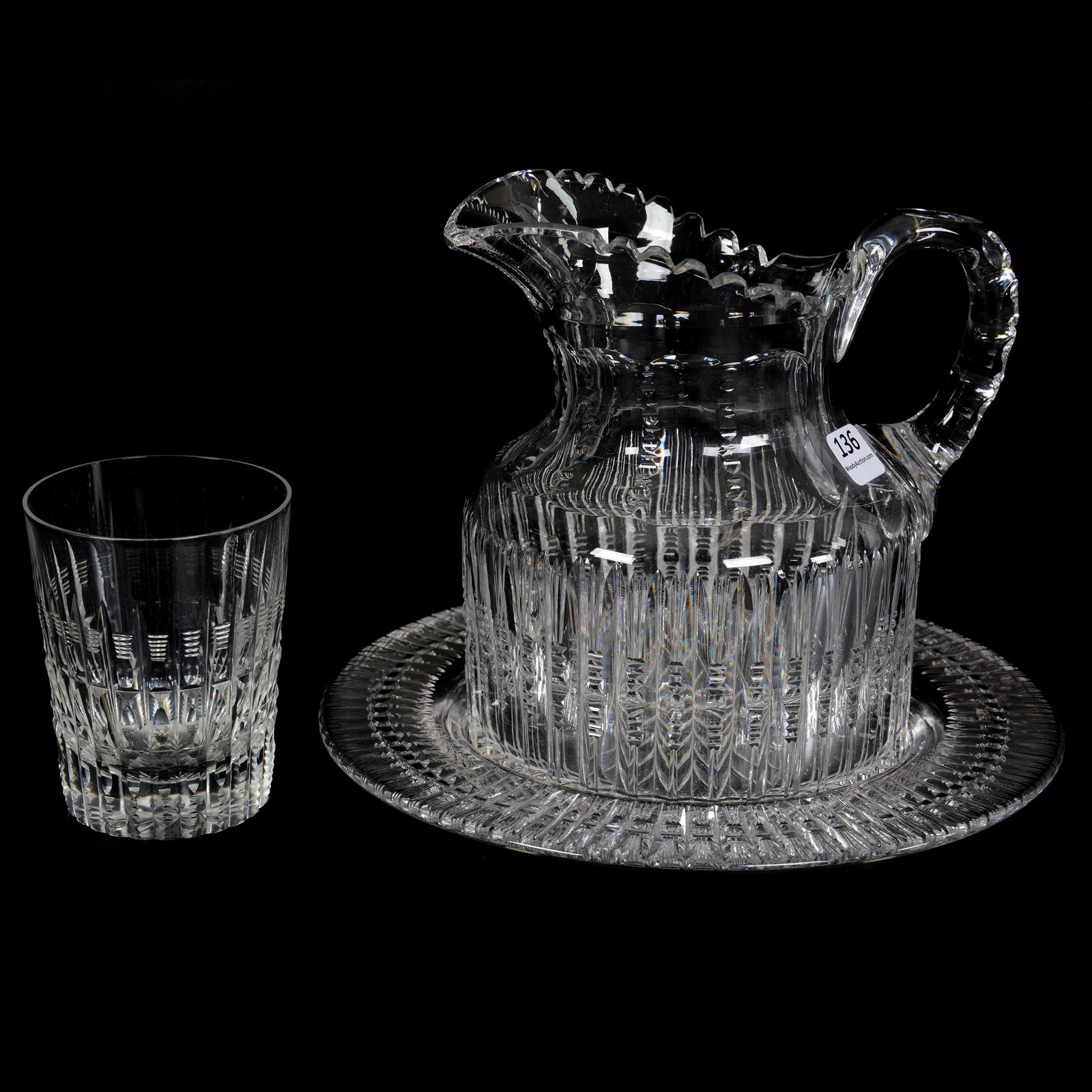 Three Piece Bedroom Set, American Brilliant Cut Glass: Three Piece Bedroom Set, American Brilliant Cut Glass, Prism Pattern, (1) 6.5" Pitcher, (1) 8.75" Underplate, (1) 3.75" Matching Tumbler, Missouri private collection