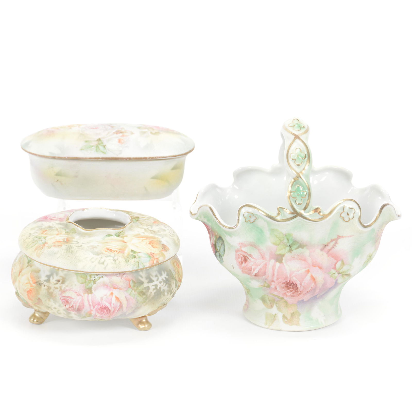 (3) Royal Bayreuth Blue Mark Items Rose Tapestry: (3) Royal Bayreuth Blue Mark Items Rose Tapestry, (1) 5.25" X 5" Basket, (1) 4" Covered Hair Receiver, (1) 4.5" Oval Covered Pin Box, Small Outside Rim Chip, Missouri private collection