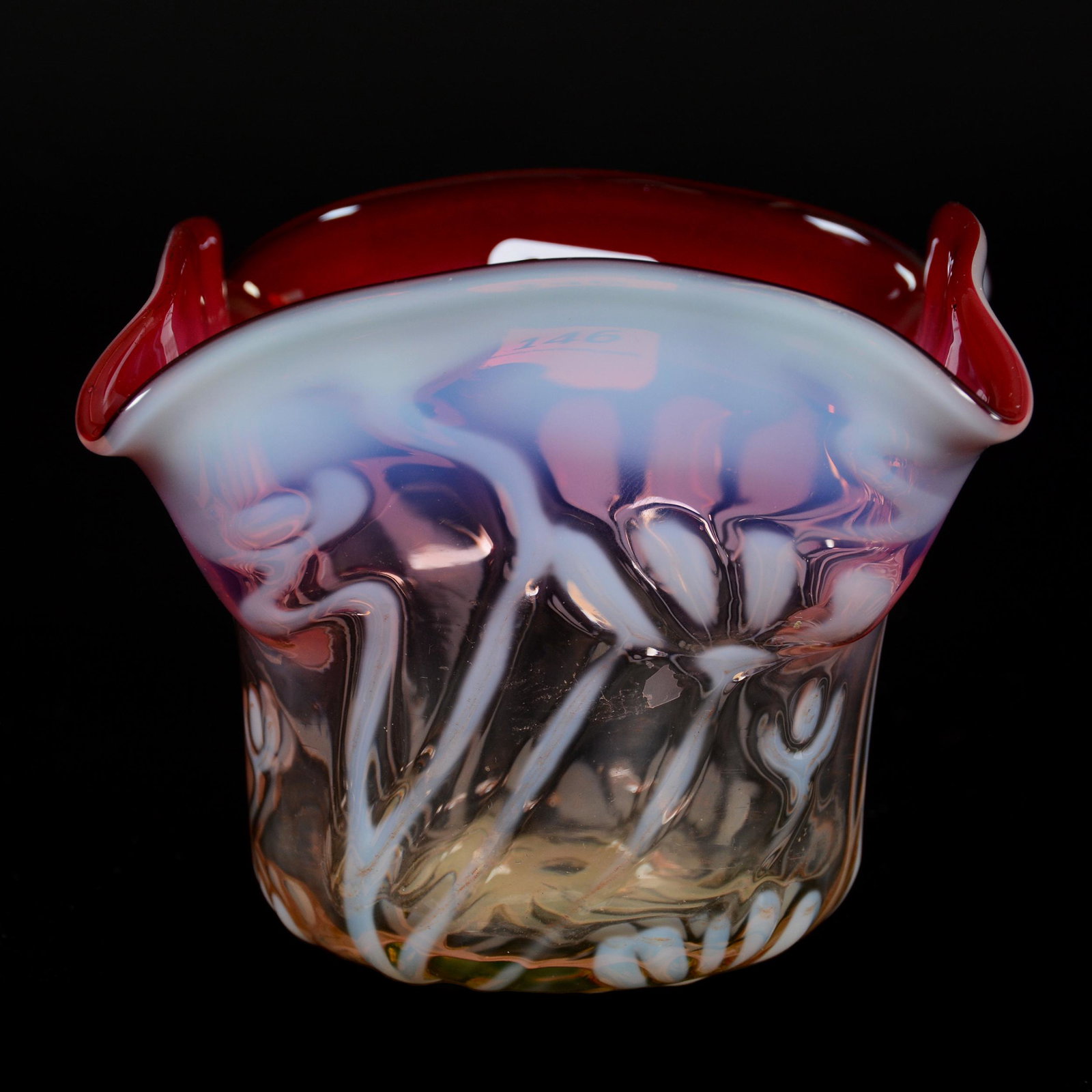 Square Vase, Rubina Opalescent Art Glass: Square Vase, Rubina Opalescent Art Glass, 3.25" x 4", Floral Design, Missouri private collection