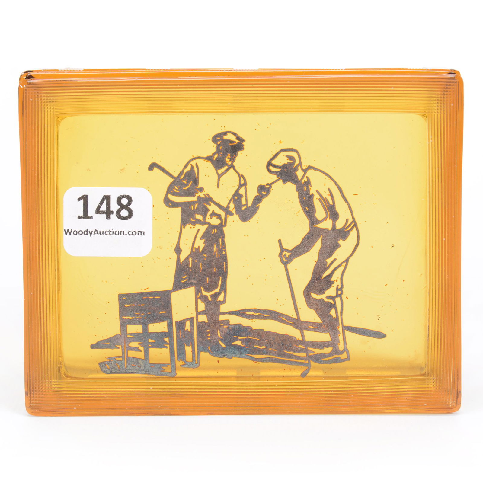 Covered Box, Solid Amber Glass, Engraved: Covered Box, Solid Amber Glass, Engraved, 1.5" x 4.25", Engraved Pin Stripe & Silver Overlay Featuring Golf Scene, Missouri private collection