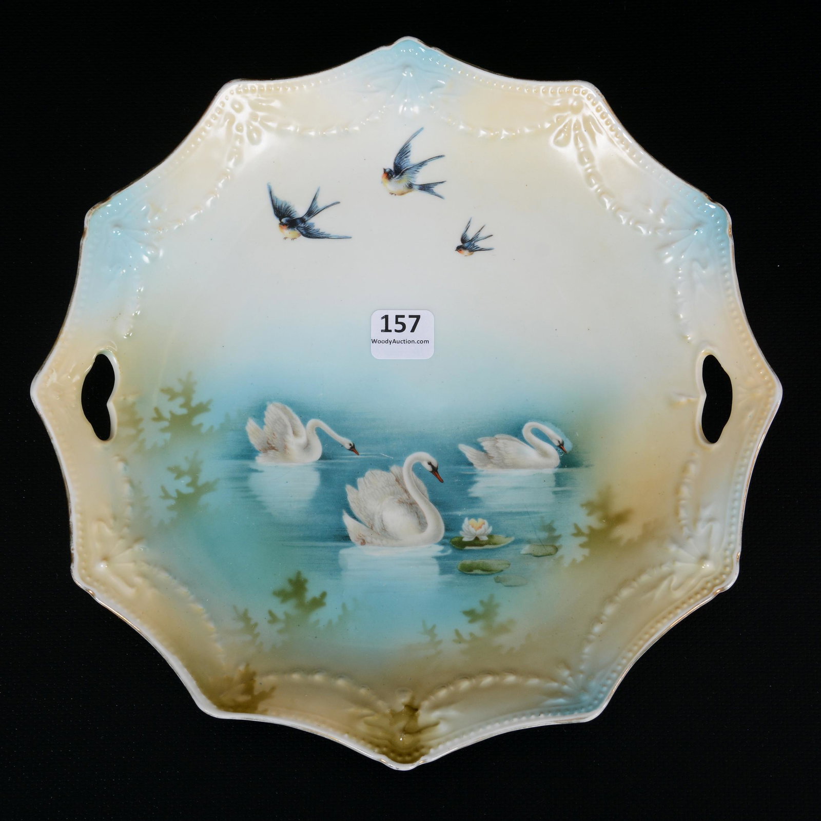 Cake Plate Marked R.S. Prussia, Swag & Tassel Mold: Cake Plate Marked R.S. Prussia, Swag & Tassel Mold, 10", Swan And Bluebird Scenic Decor, Missouri private collection