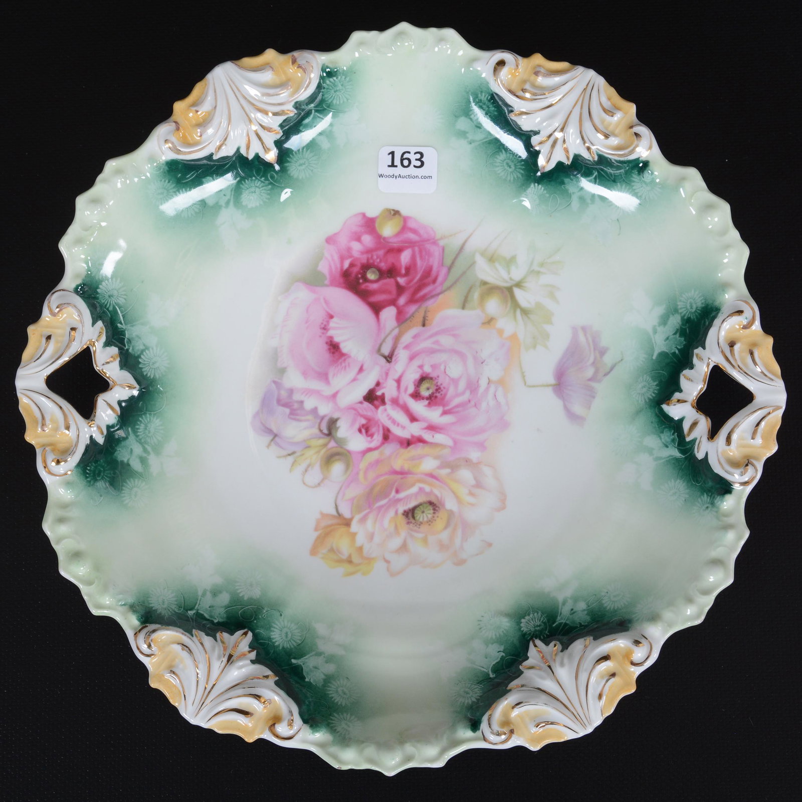 Cake Plate Marked R.S. Prussia: Cake Plate Marked R.S. Prussia, 10.75", Fleur De Lis Mold, Green And White Tones, Poppy Decor, Nebraska private collection
