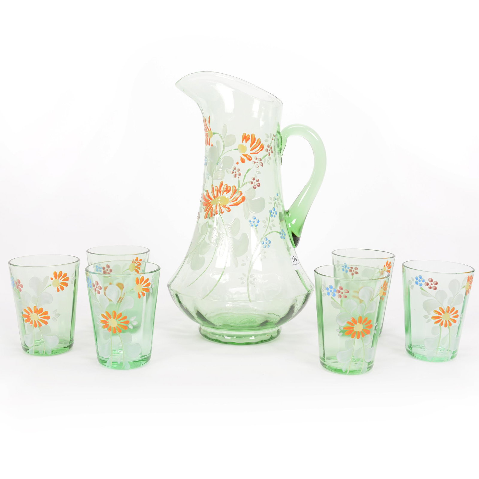 Water Set, Green Art Glass, Enamel Daisy Decor: Water Set, Green Art Glass, Enamel Daisy Decor, (1) 12" Pitcher, (6) Matching 4" Tumblers, Nebraska private collection