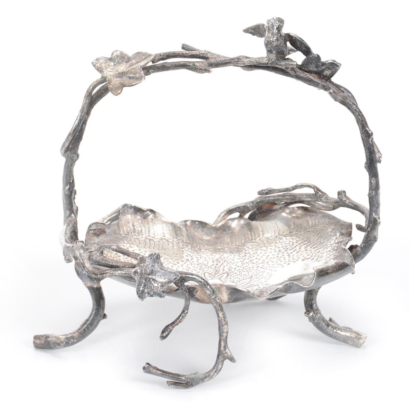 Victorian Silverplate Card Receiver: Victorian Silverplate Card Receiver, 7.25" x 7", Unmarked, Attributed To Meriden, Bird And Branch Figural Feet And Handle, Ohio private collection