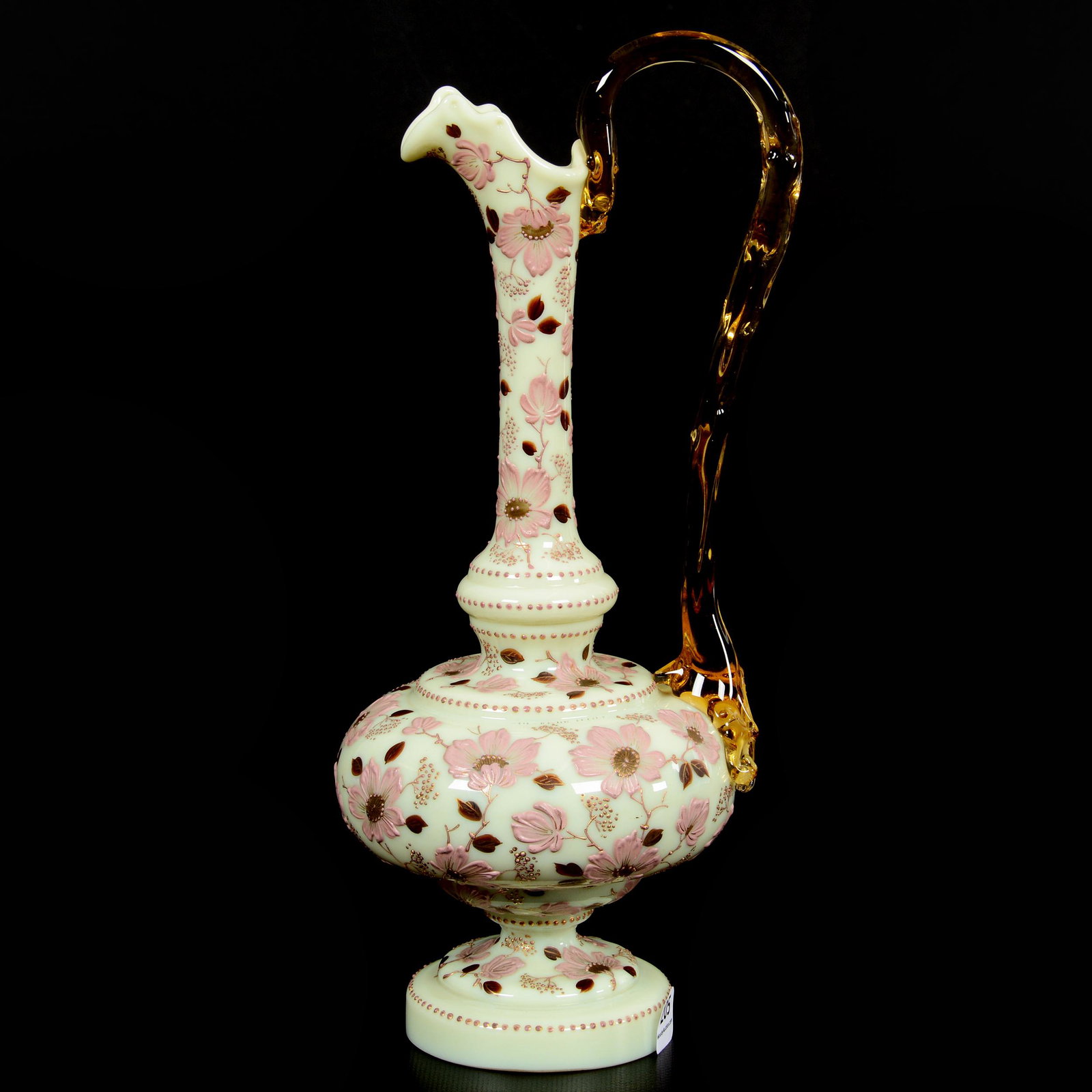Pedestal Ewer, Soft Yellow Opaque Art Glass: Pedestal Ewer, Soft Yellow Opaque Art Glass, 12.75", Heavy Enamel Pink Floral Decor, Applied Amber Glass Thorn Handle, Webb Style, Ohio private collection
