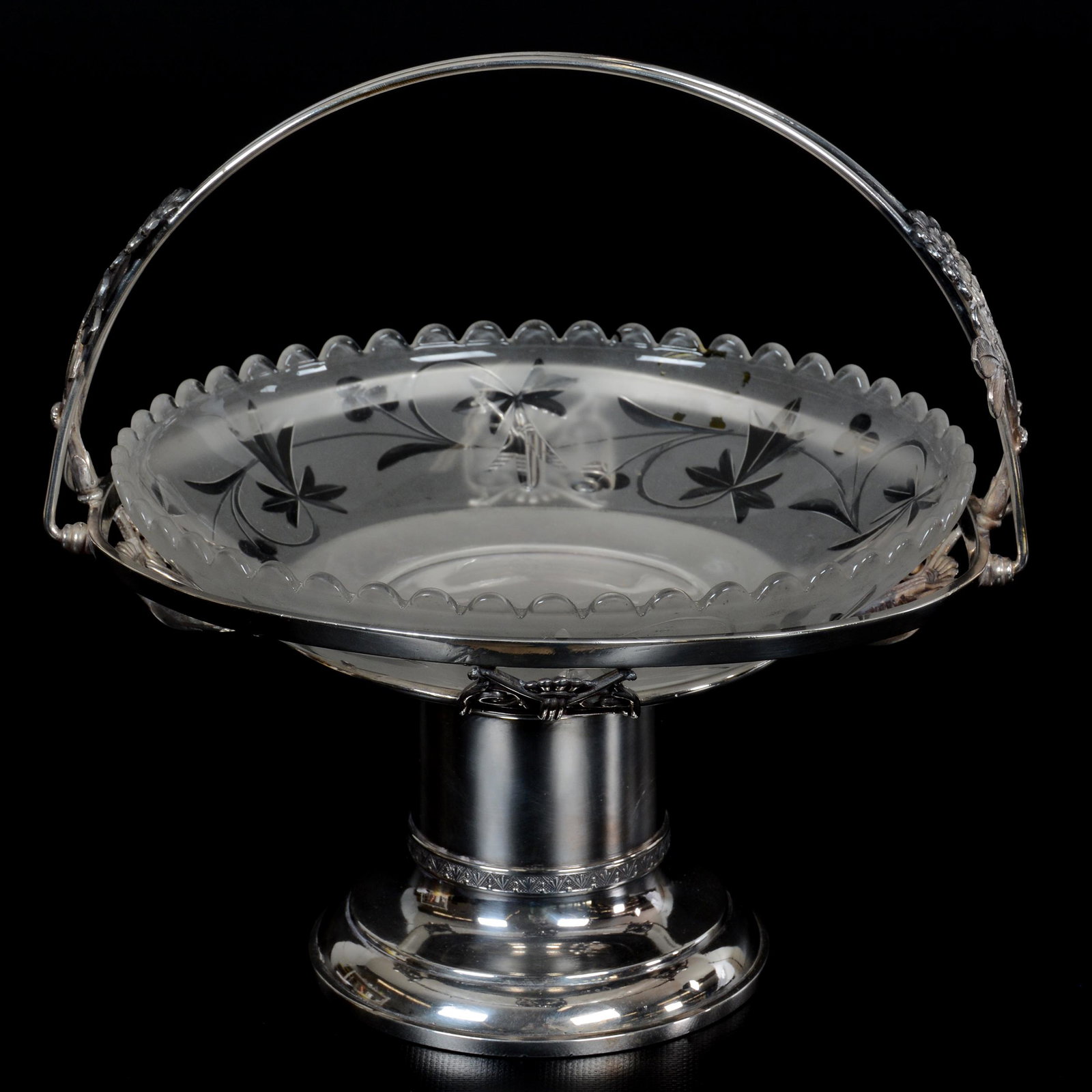 Victorian Brides Basket: Victorian Brides Basket, 10.25" x 10", Frosted Glass Bowl With Engraved Floral Design, Set On Pairpoint #2100 Silverplate Frame, Frame Rim Is Slightly Out Of Round, Bowl Fits Nicely, Ohio private coll