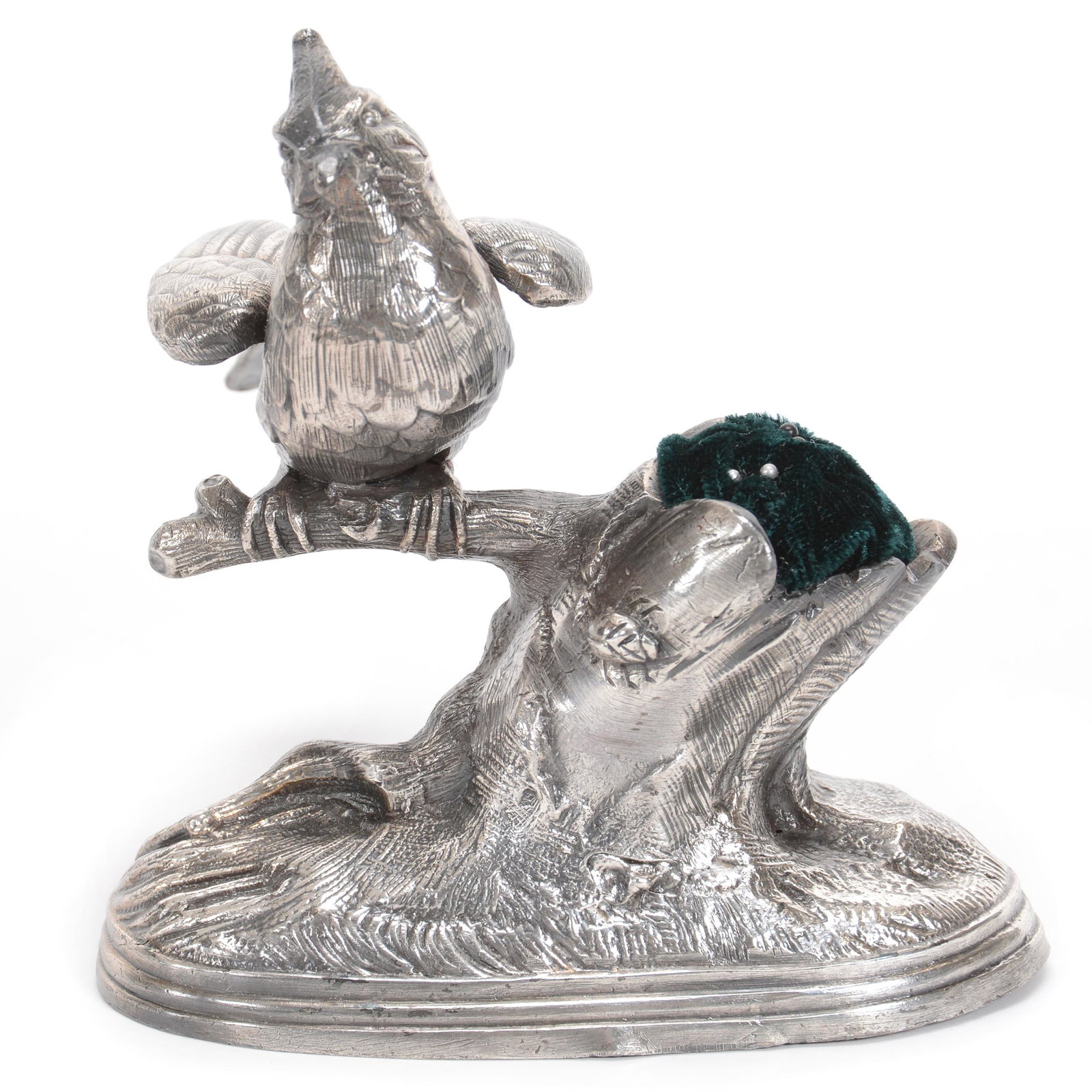 Victorian Silverplate Pin Cushion: Victorian Silverplate Pin Cushion, 4.75" x 4.75", No Visible Marks, Bird On Branch, Ohio private collection