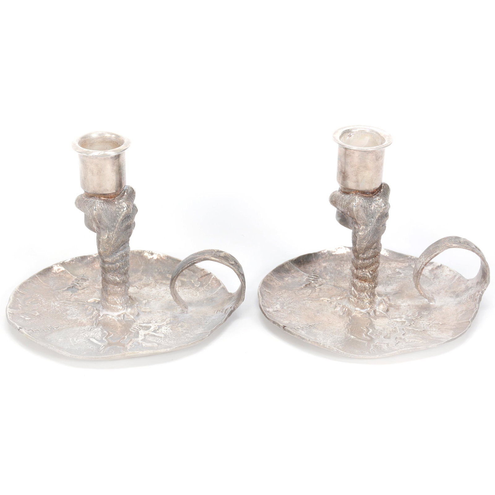 Pair Victorian Silverplate Chambersticks: Pair Victorian Silverplate Chambersticks, 4.25" x 5.25", Pairpoint #2687, Eagle Talon Grasping Candle Holder, Nice Detail, Ohio private collection