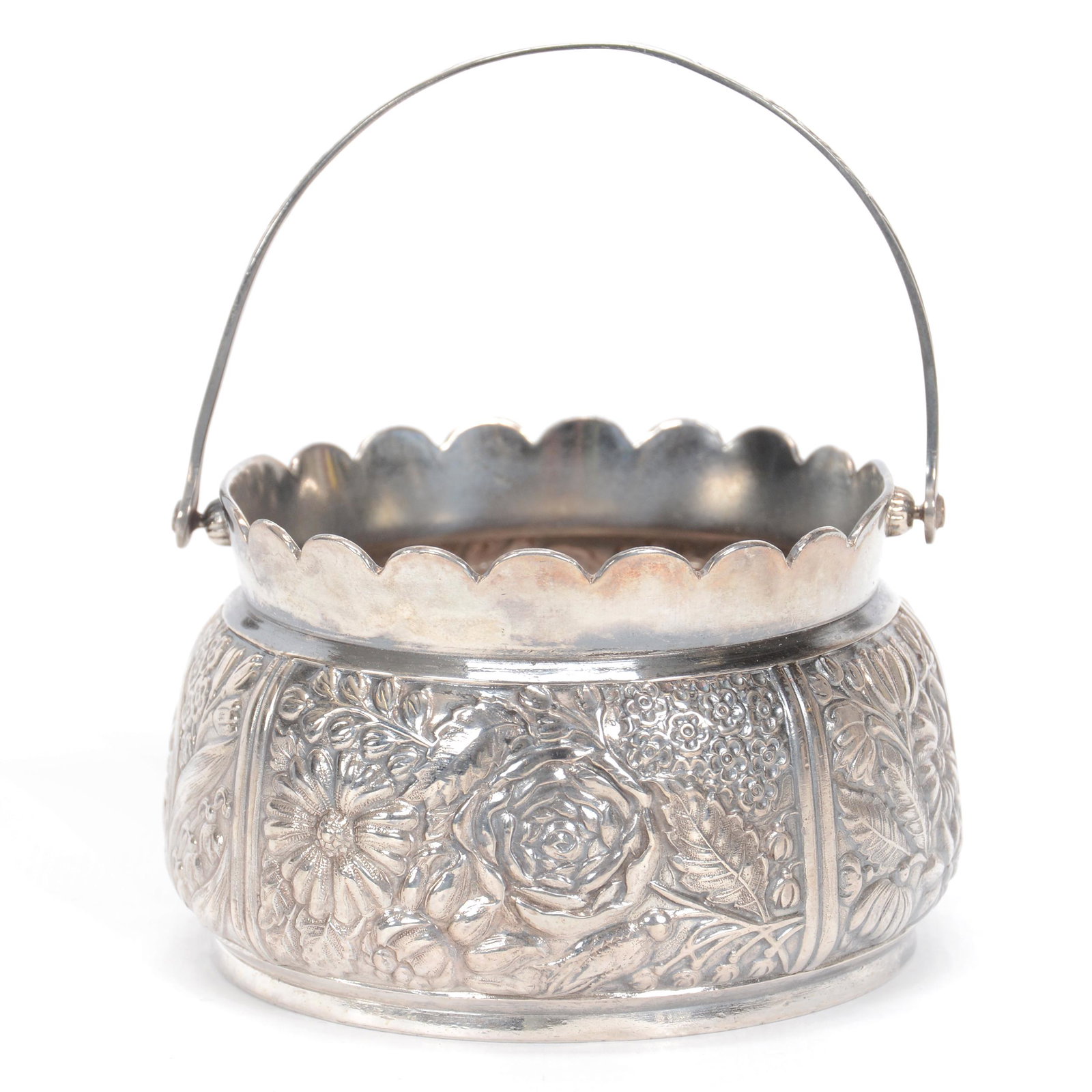 Victorian Silverplate Basket, Pairpoint #2021: Victorian Silverplate Basket, Pairpoint #2021, 4" x 3.25", Embossed Floral Design, Ohio private collection