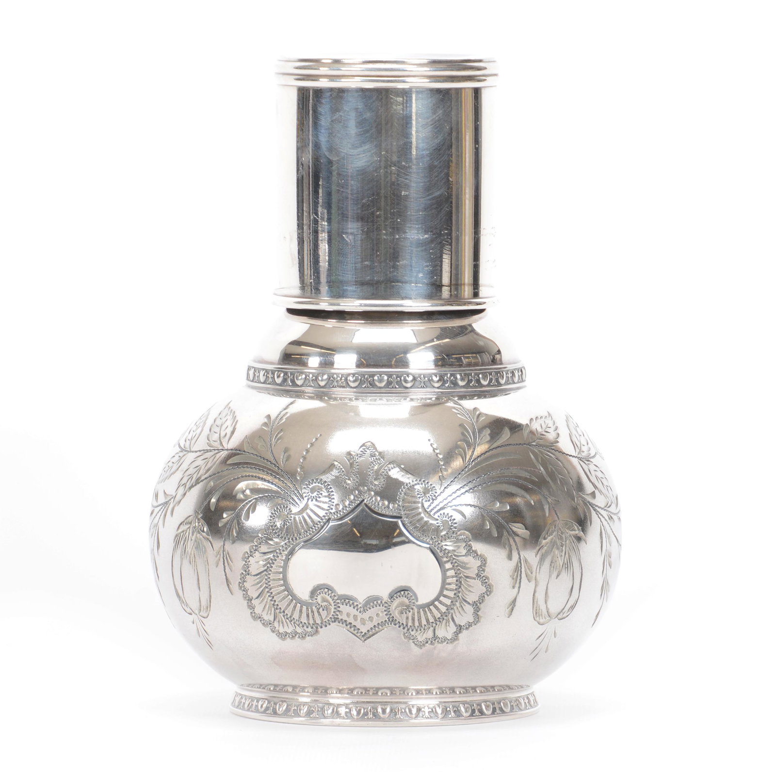 Victorian Silverplate Tumble-Up, Tufts #4002: Victorian Silverplate Tumble-Up, Tufts #4002, 8" x 5.75", Engraved Crest And Floral Design, Heart And Fleur De Lys Highlights, Ohio private collection