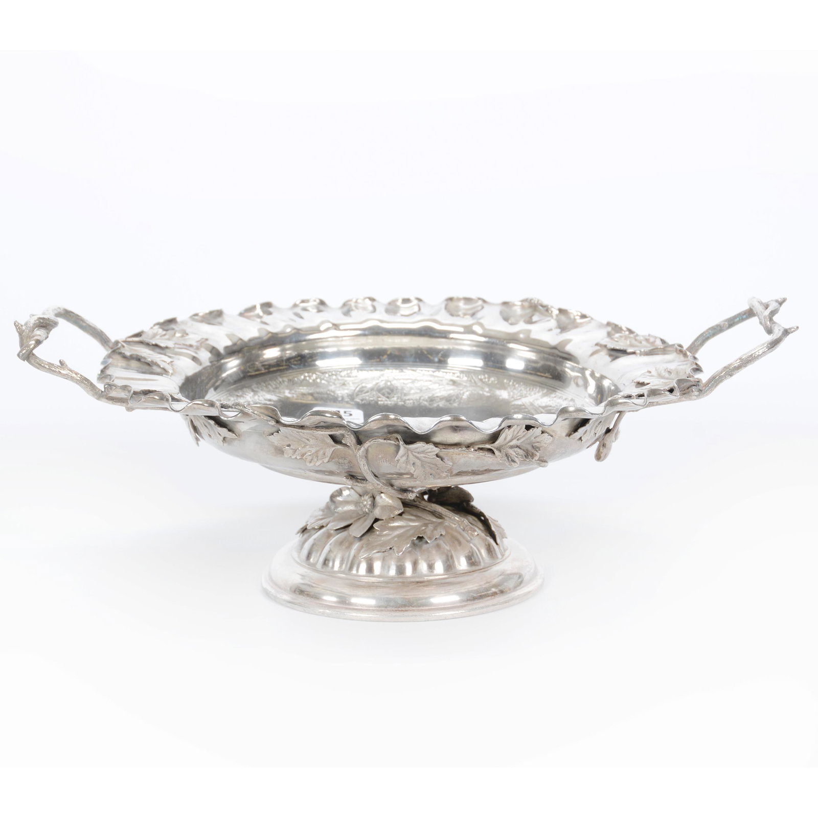 Victorian Silverplate Pedestal Centerpiece: Victorian Silverplate Pedestal Centerpiece, 5" x 12.75", Marked Simpson Hall & Miller, Two Handles, Branch And Leaf Design With Engraved Center Scene Of Castle, Ohio private collection