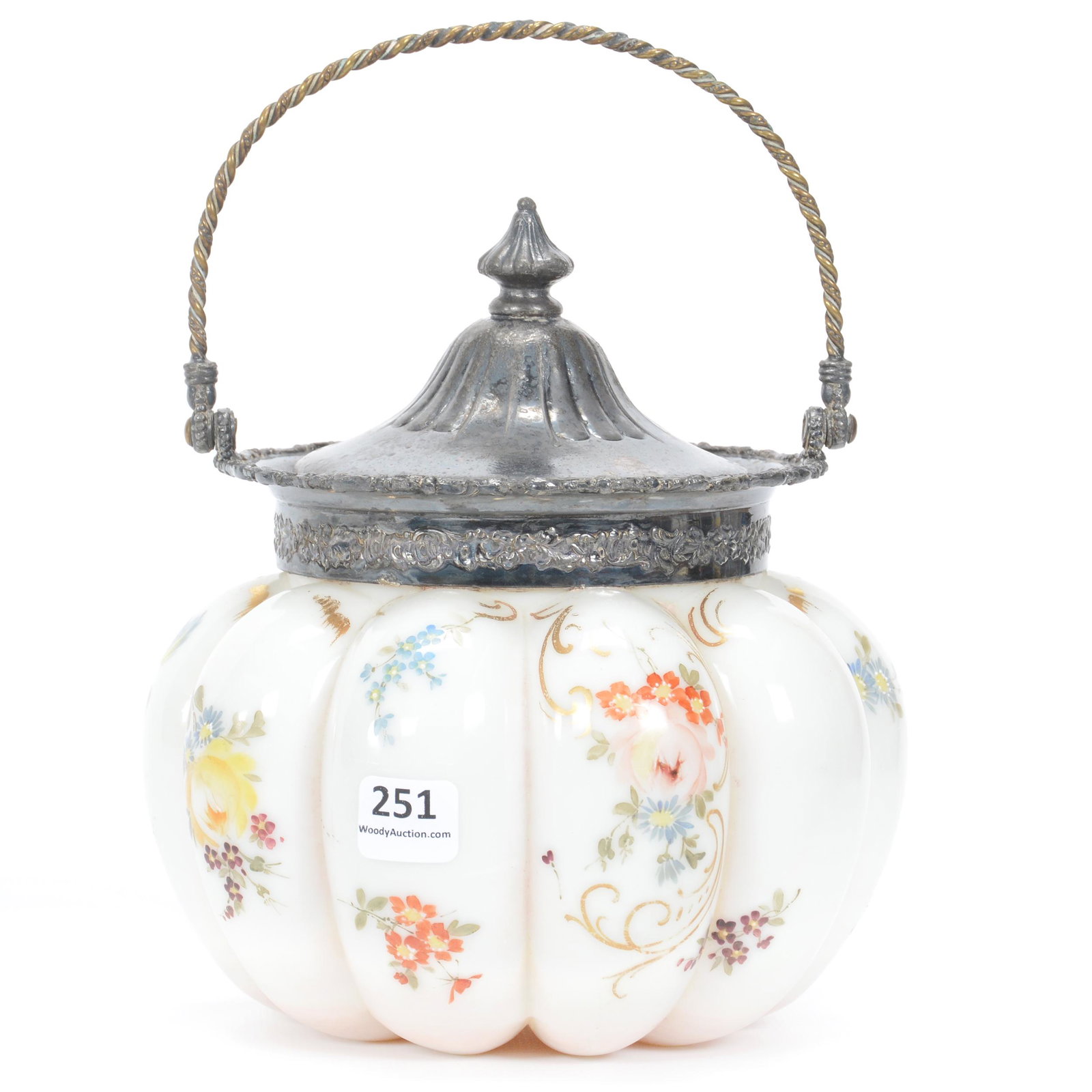 Biscuit Jar, Unmarked Mt. Washington: Biscuit Jar, Unmarked Mt. Washington, 7", Melon Ribbed, White Shading To Pink, Colorful Floral Decor, Silverplate Lid And Bail, Ohio private collection