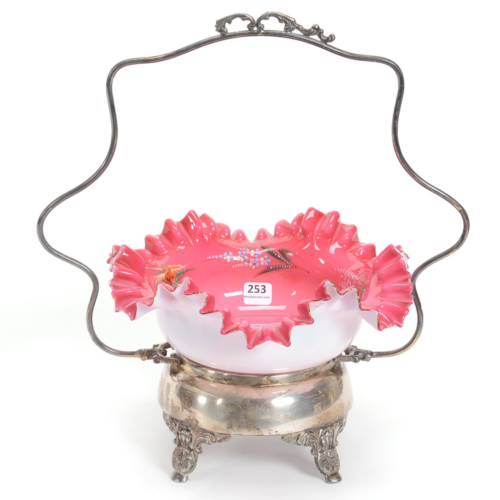 Victorian Brides Basket: Victorian Brides Basket, 13" x 12.5", Pink And White Cased Art Glass Bowl With Enamel Floral Decor, Set On Unmarked Silverplate Frame, NE Kansas private collection