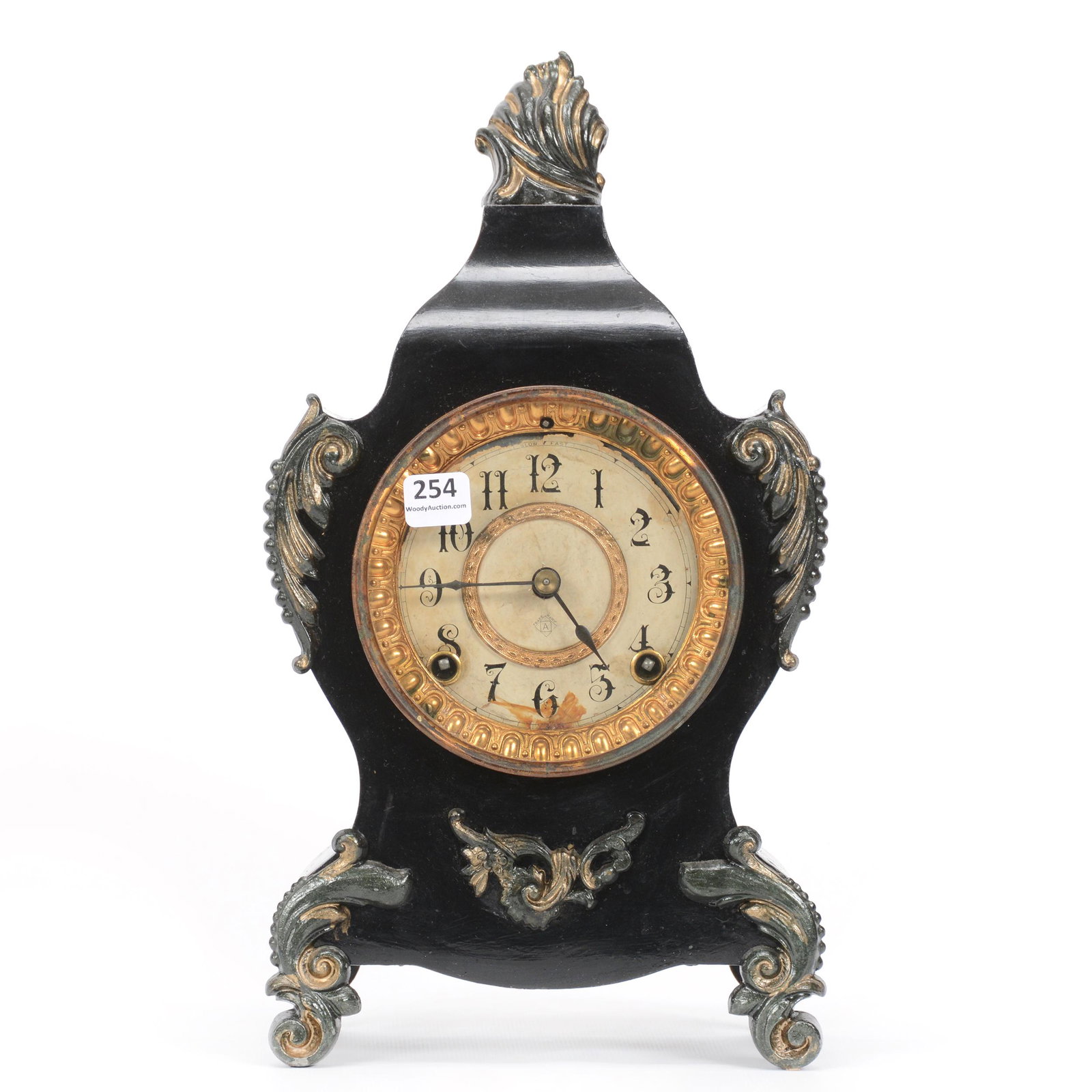 Mantel Clock, Ansonia Works, Black Iron Case: Mantel Clock, Ansonia Works, Black Iron Case, 13.5" x 7.5", Sells With Pendulum, No Key, NE Kansas private collection