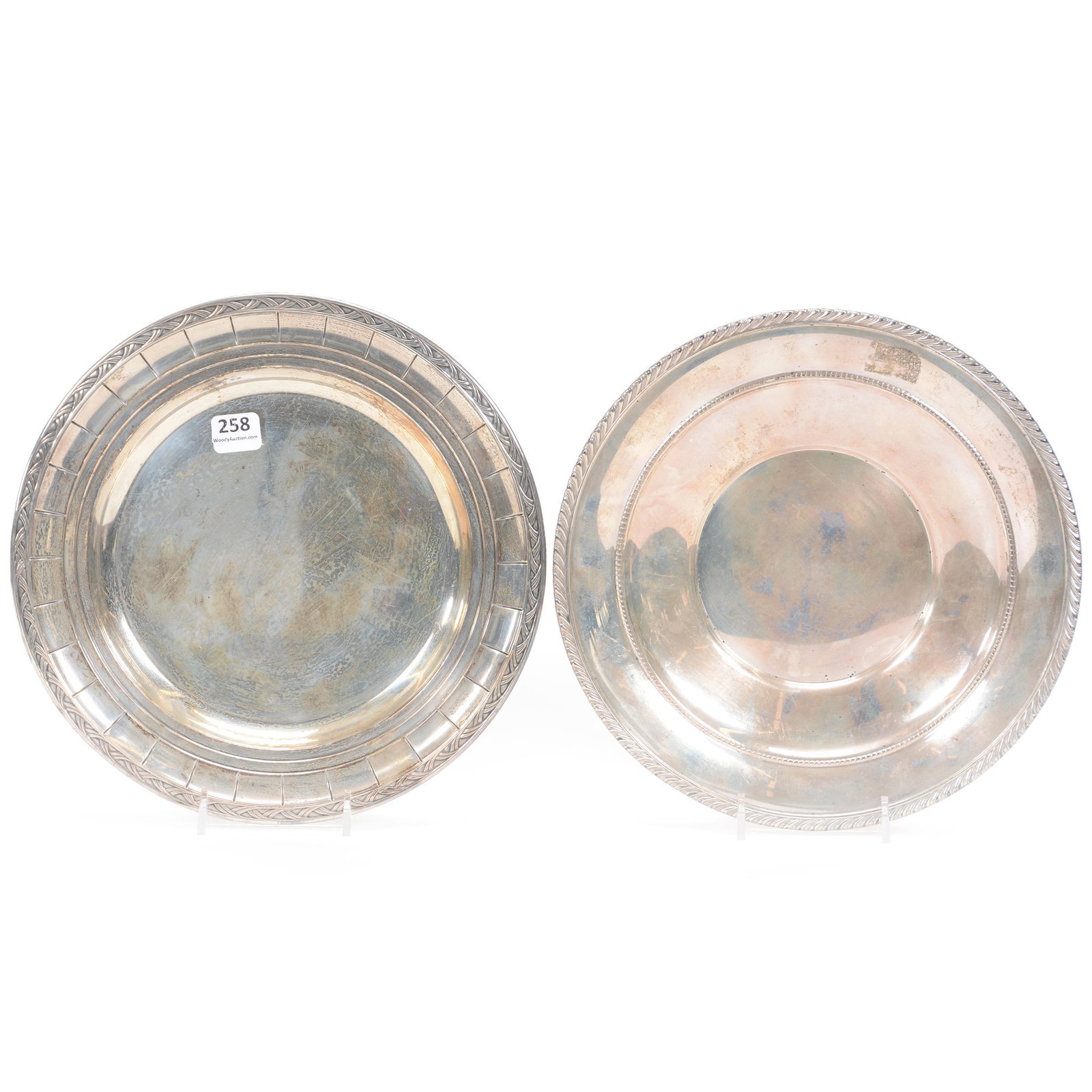 (2) Sterling Silver Plates, Not A Pair: (2) Sterling Silver Plates, Not A Pair, 9.75", (1) Gorham #345, (1) Webster, Total Weight Of Both Plates Is 495 Grams, NE Kansas private collection