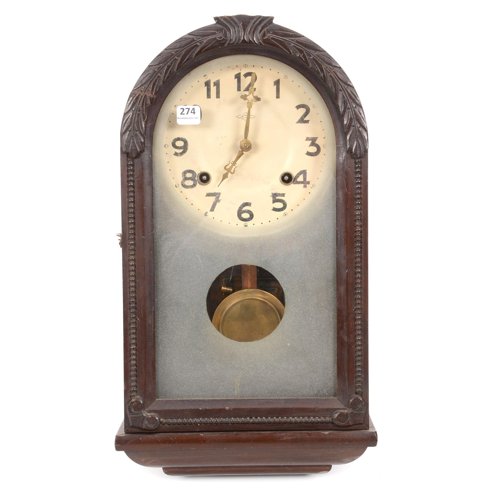 Japanese Wall Clock: Japanese Wall Clock, 17.5" x 10", Believed To Be Takeda Trademark, Pendulum Included, No Key, NE Kansas private collection