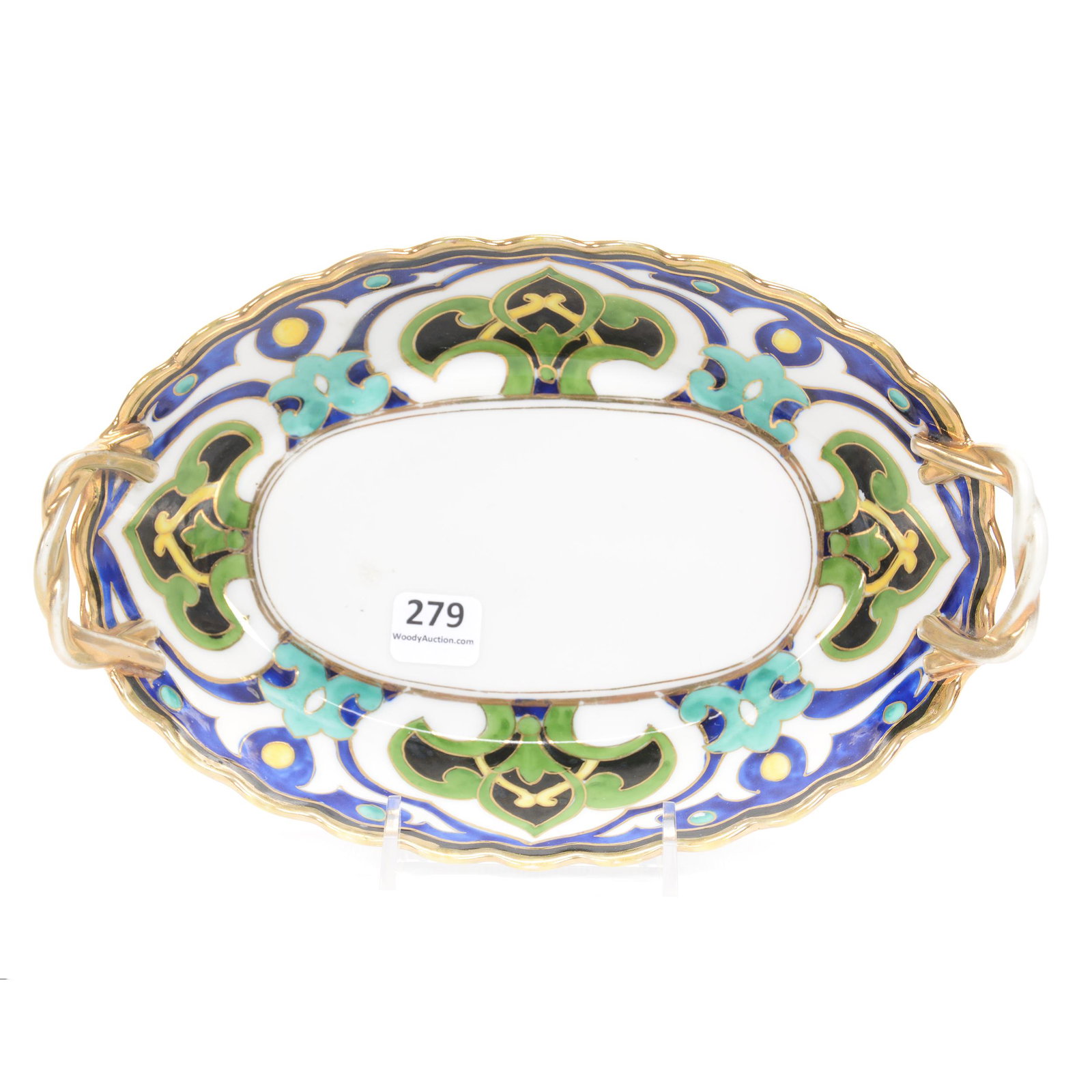 Relish Dish Marked Nippon: Relish Dish Marked Nippon, 9.25", White With Green And Cobalt Blue Border Design, Gold Trim Highlights, NE Kansas private collection