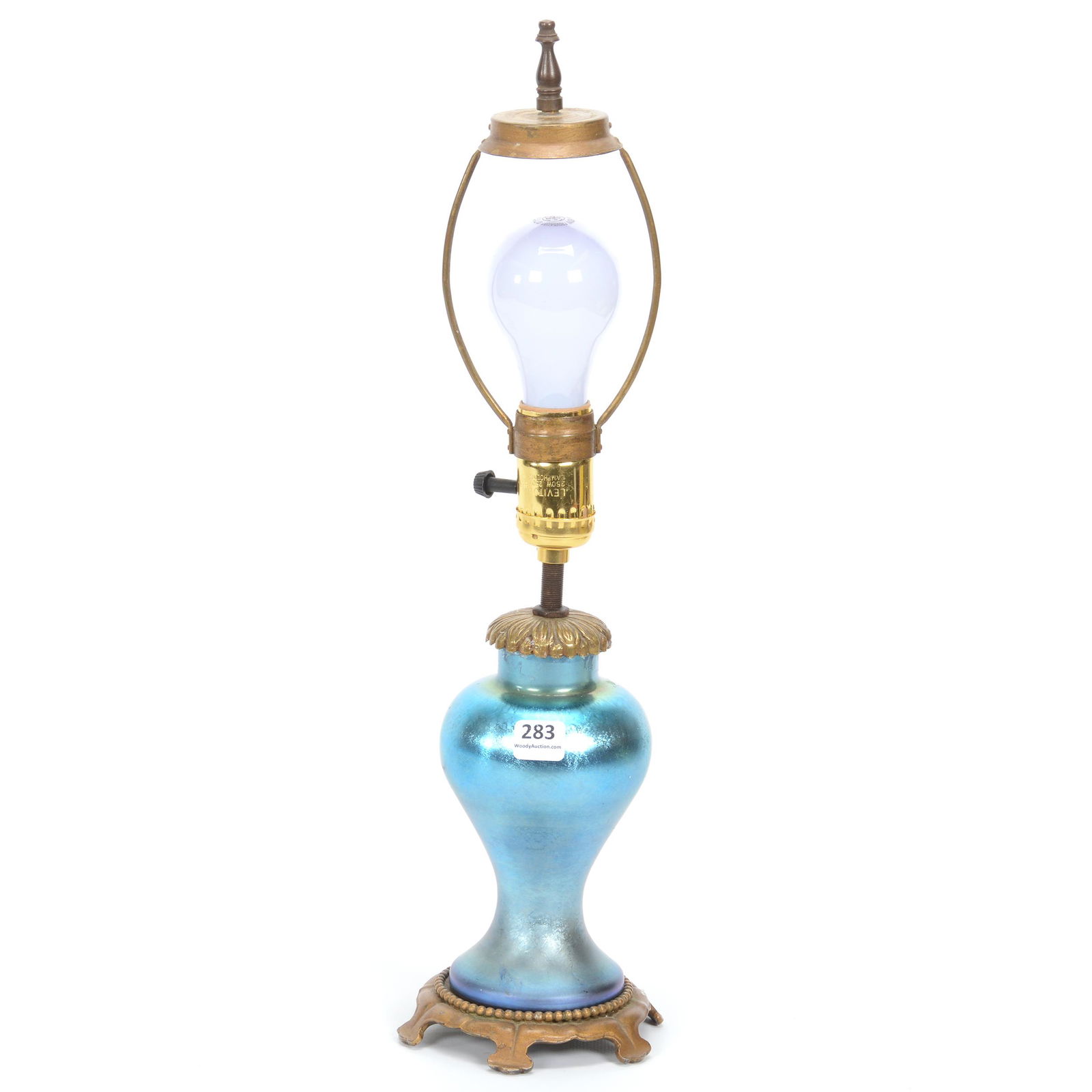 Lamp Base, Blue Steuben Aurene: Lamp Base, Blue Steuben Aurene, 17.5", Mounted On Metal Base, Likely Not Original, But Looks Nice, Measurement Is To Top Of Lamp Finial, NE Kansas private collection