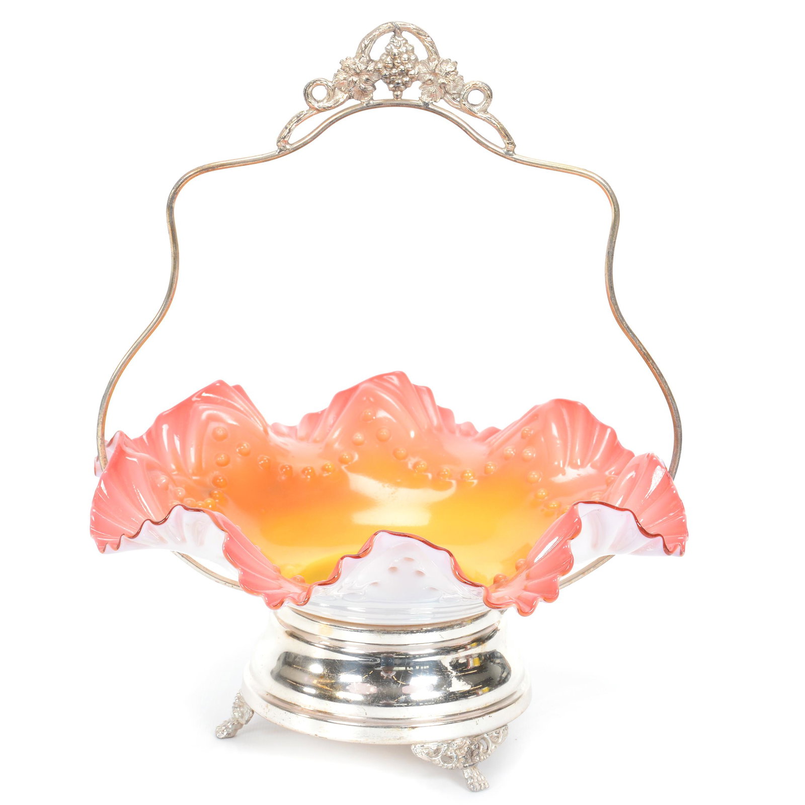 Victorian Brides Basket: Victorian Brides Basket, 14" x 11", Cased Pink, Orange And Yellow Ruffled Art Glass Bowl Set On Silverplate Stand With Unidentified Mark, NE Kansas private collection