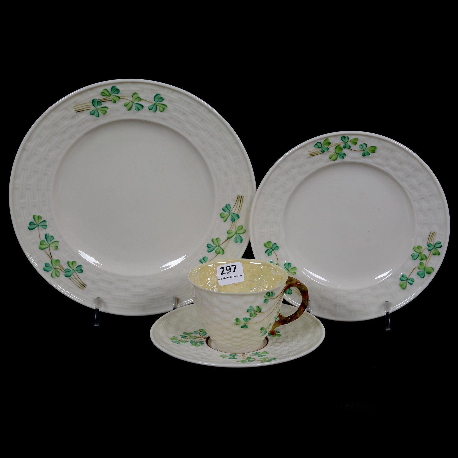 Irish Belleek Luncheon Set, Shamrock, Black Mark: Irish Belleek Luncheon Set, Shamrock, Black Mark, (1) 8" Plate, (1) 6.5" Plate, Cup & Saucer, NE Kansas private collection