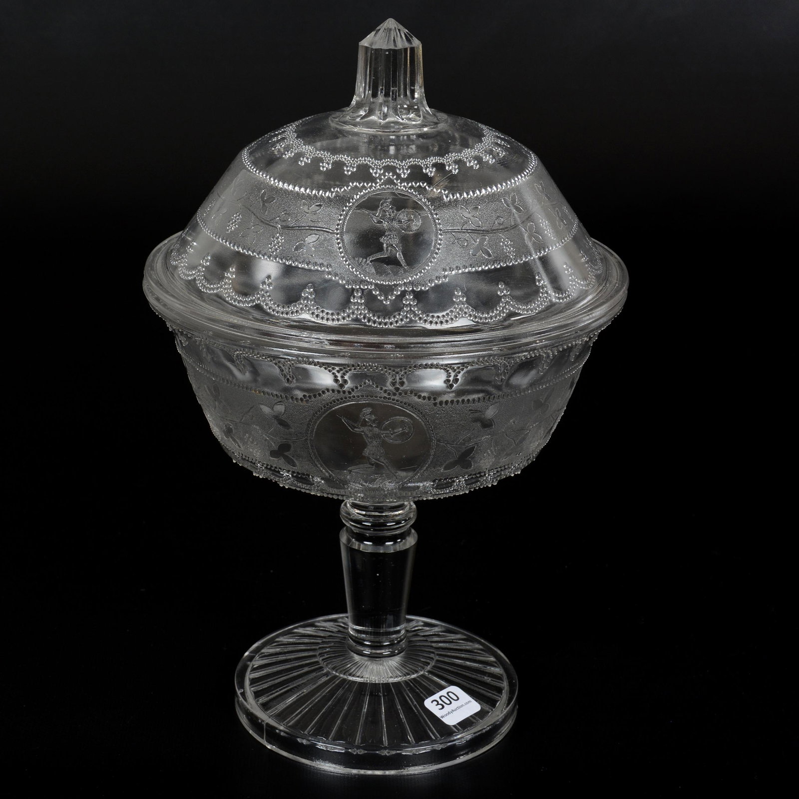 Covered Compote, EAPG, Clear Minerva Pattern: Covered Compote, EAPG, Clear Minerva Pattern, 12.25" x 8", Circa 1880's, NE Kansas private collection