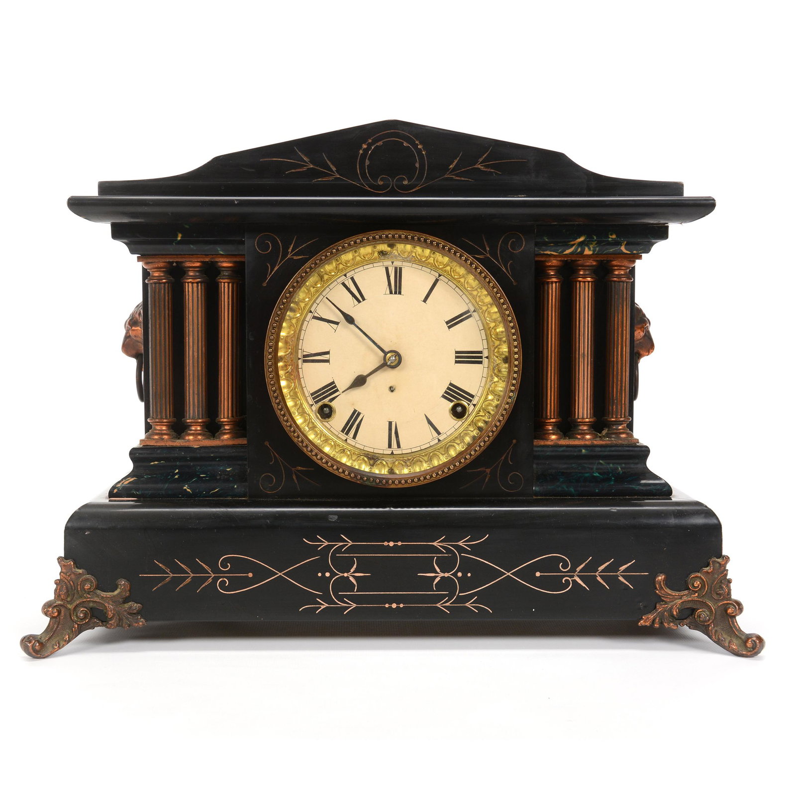 Mantel Clock, Ebony Wood Case, Seth Thomas Works: Mantel Clock, Ebony Wood Case, Seth Thomas Works, 12.25" x 16.5", Key And Pendulum Included, NE Kansas private collection