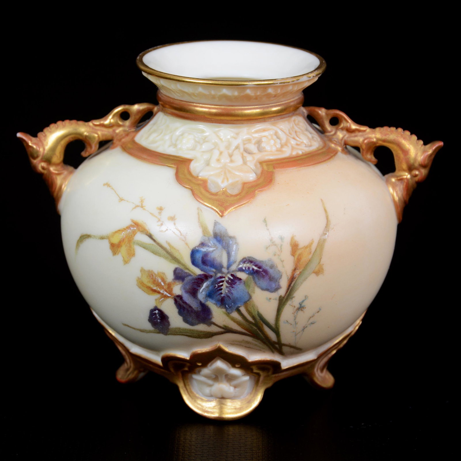 Vase, Two Handles, Royal Worcester #1176: Vase, Two Handles, Royal Worcester #1176, 3.5" x 4.25", Cream Tones With Iris Decor, NE Kansas private collection