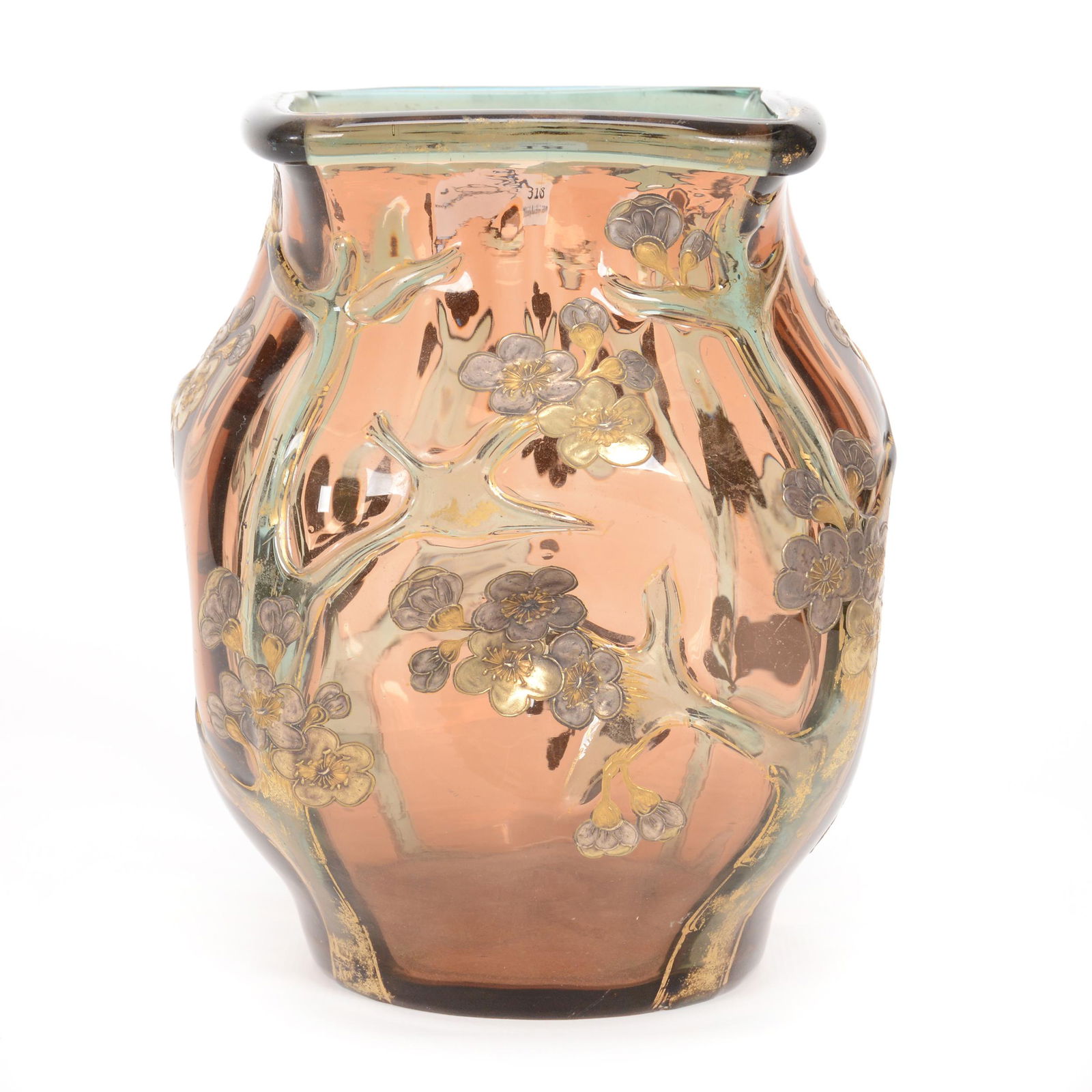 Vase Marked Thomas Webb & Sons: Vase Marked Thomas Webb & Sons, 6.25" x 5", Deep Amber Art Glass, Four Sided, With Blue Tree Branch Overlay, Gold And Silver Enamel Blossom And Butterfly Decor, Very Nice Quality, Tiny Base Nick, NE K