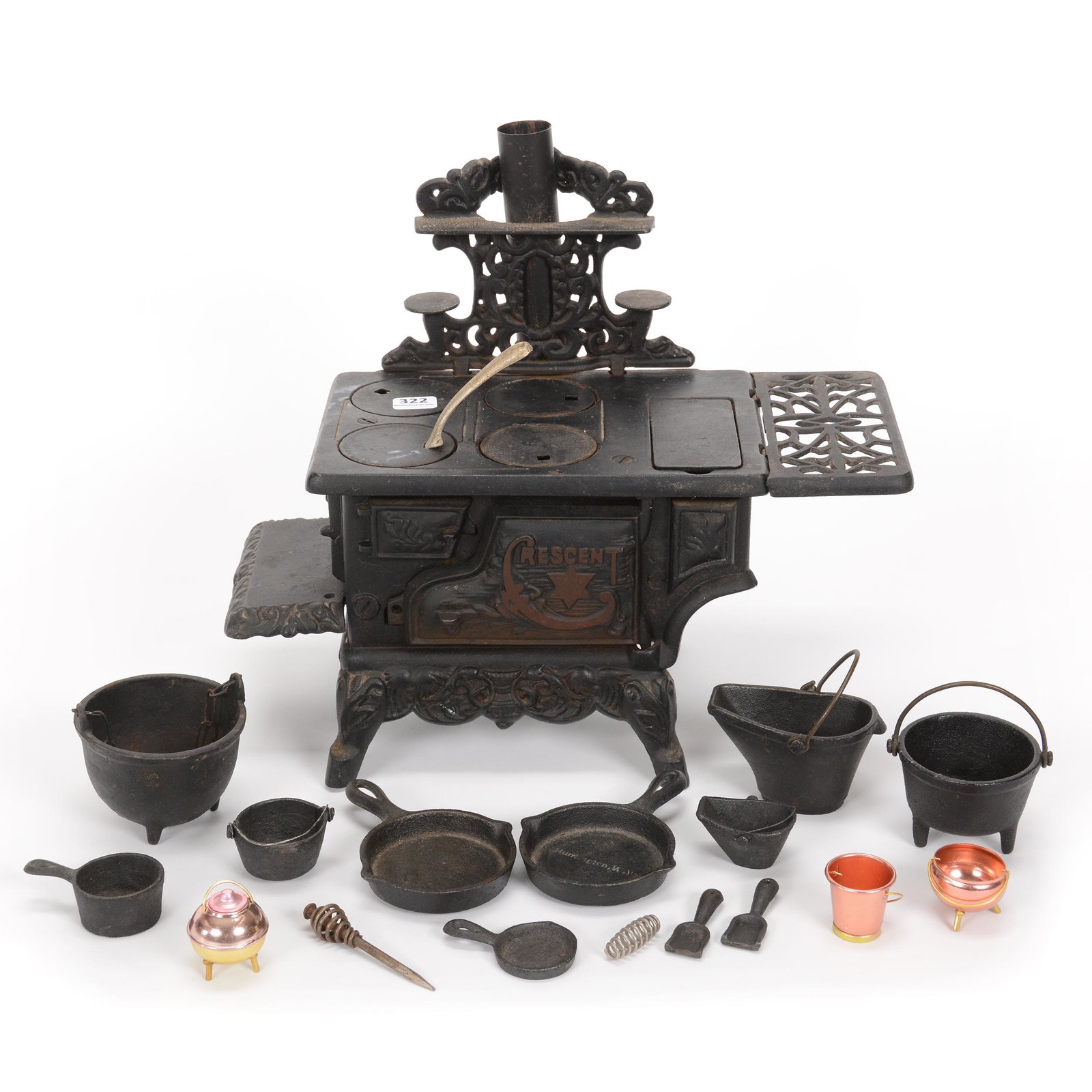 Miniature Crescent Cast Iron Child's Stove: Miniature Crescent Cast Iron Child's Stove, 11.25" x 11.5", Selling With A Number Of Accessories Including Kettles, Skillets, Etc., NE Kansas private collection