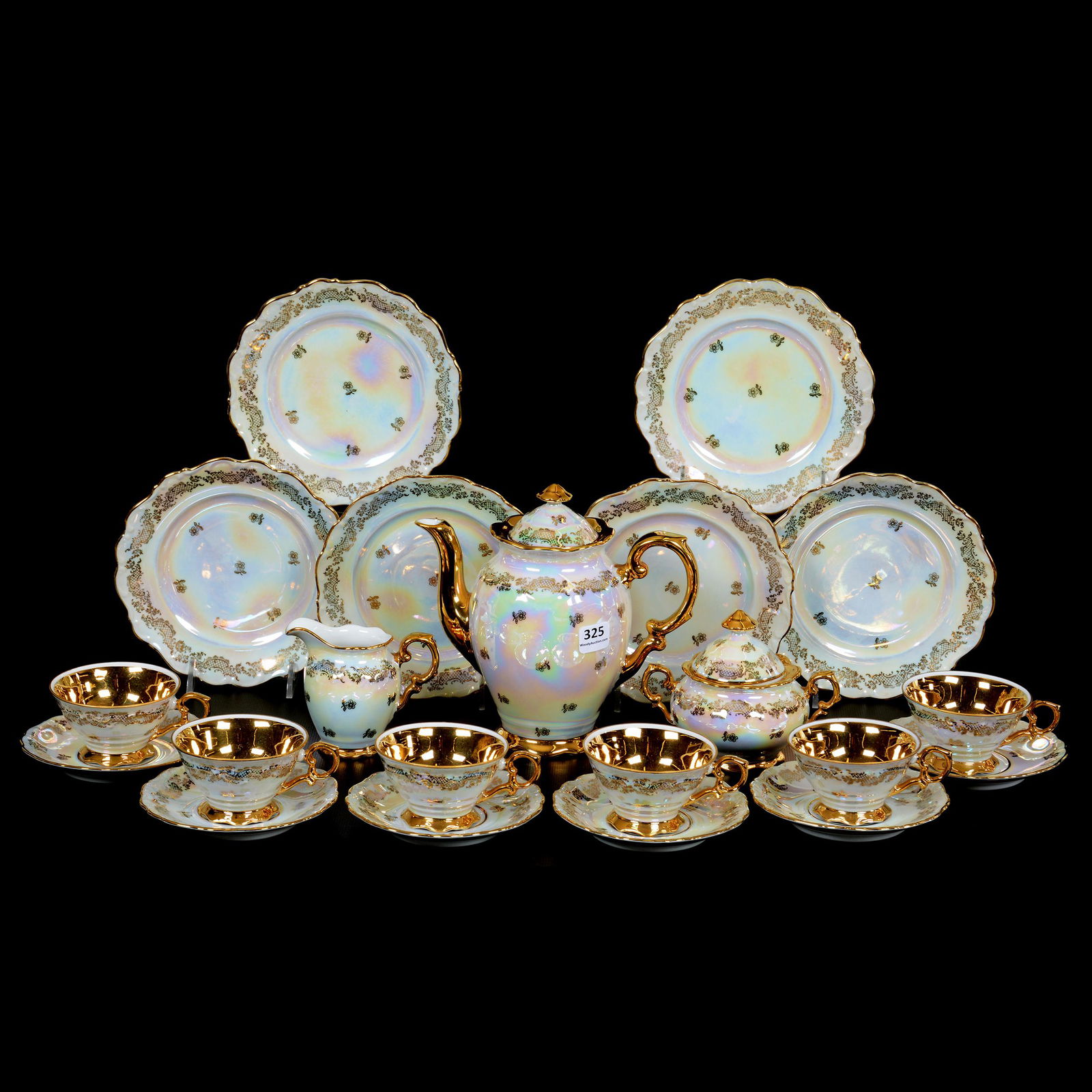 Tea Set, Modern Dresden Mark, (15) Piece: Tea Set, Modern Dresden Mark, (15) Piece, Iridescent White With Gold Stencil Decor And Bright Gold Trim, (1) 6.5" X 7" Tea Pot, Creamer, Covered Sugar, (6) Cups, (6) Saucers, (6) 6.25" Plates, NE Kans