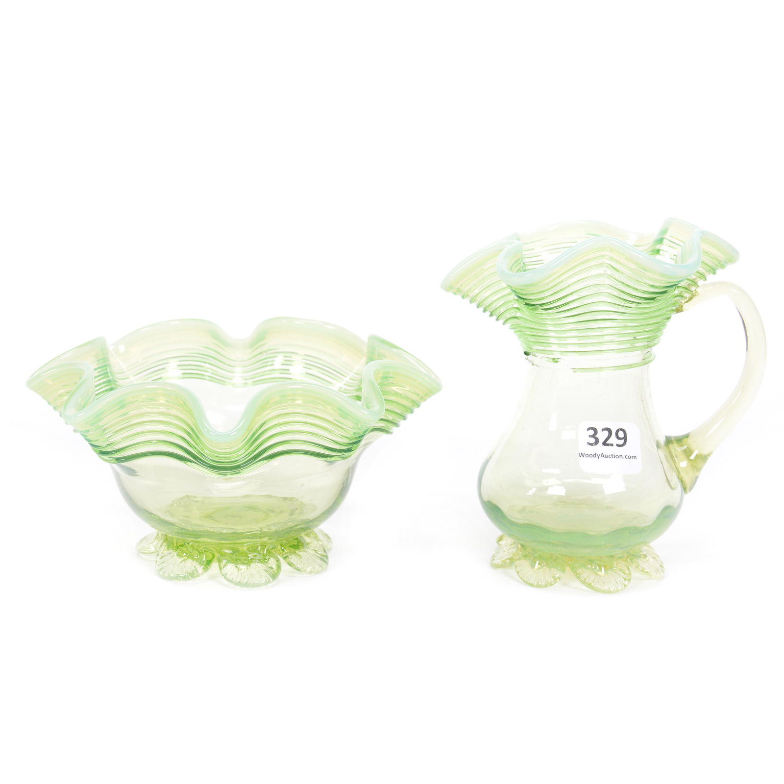 Creamer & Sugar Set, Green Opalescent Art Glass: Creamer & Sugar Set, Green Opalescent Art Glass, Applied Threading And Applied Petal Feet, (1) 4.5" Creamer, Threading Chips, (1) 3" X 5.5" Sugar, NE Kansas private collection
