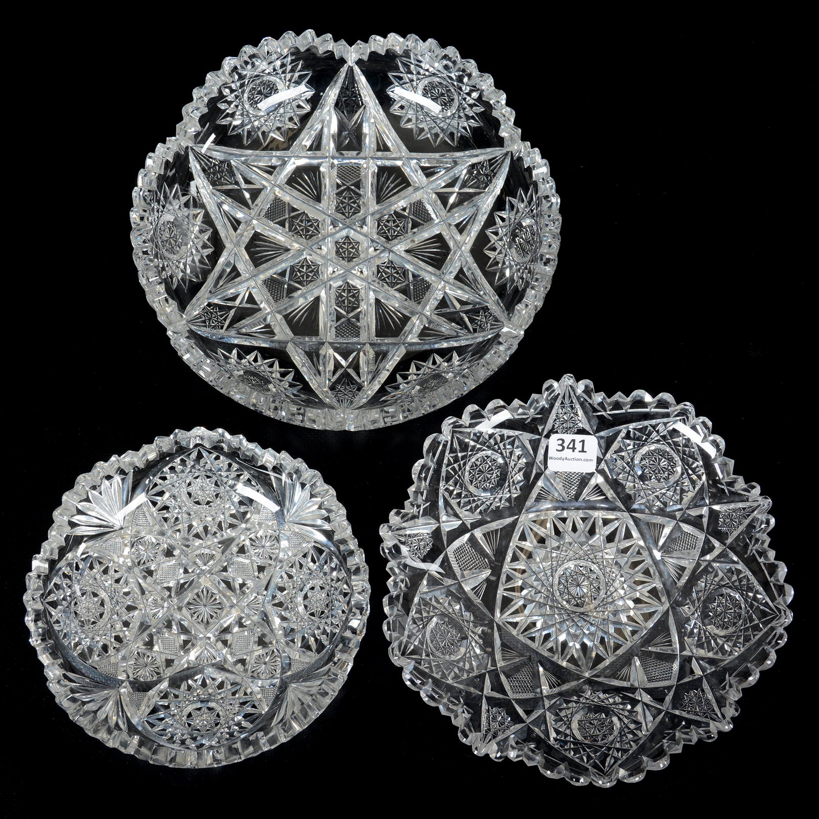 (3) American Brilliant Cut Glass Items: (3) American Brilliant Cut Glass Items, (1) 8" Low Bowl, Hobstar, Strawberry Diamond And Fan Motif, Six Point Star Center, (1) 7.25" Plate, Hobstar, Strawberry Diamond Motif, (1) 6" Nappy, Hobstar, St