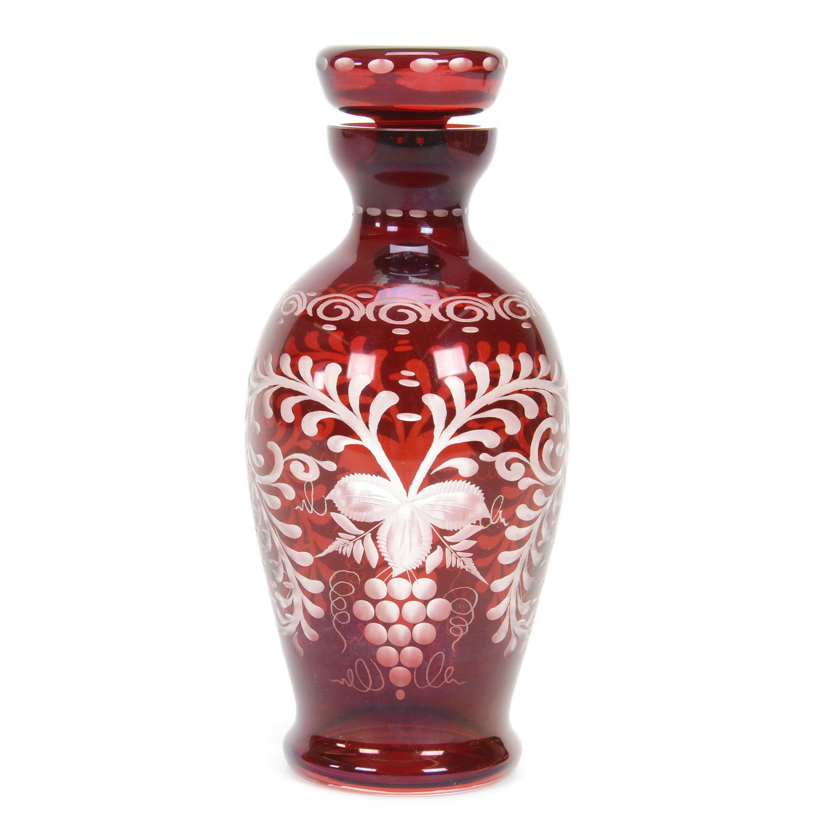 Decanter, Bohemian Ruby Flash Engraved: Decanter, Bohemian Ruby Flash Engraved, 8.25" x 3.5", Vintage And Scroll Design, NE Kansas private collection