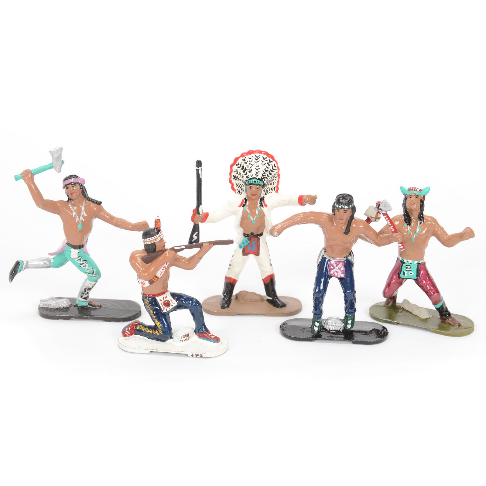 (5) Native American Tin Figures By Barclay: (5) Tin Figures By Barclay, 2.75" tallest, Native American Indians By Barclay - Each Has Name - (1) Crazy Horse, (1) Red Cloud, (1) Little Crow, (1) Lone Wolf, (1) Black Hawk, NE Kansas private collec