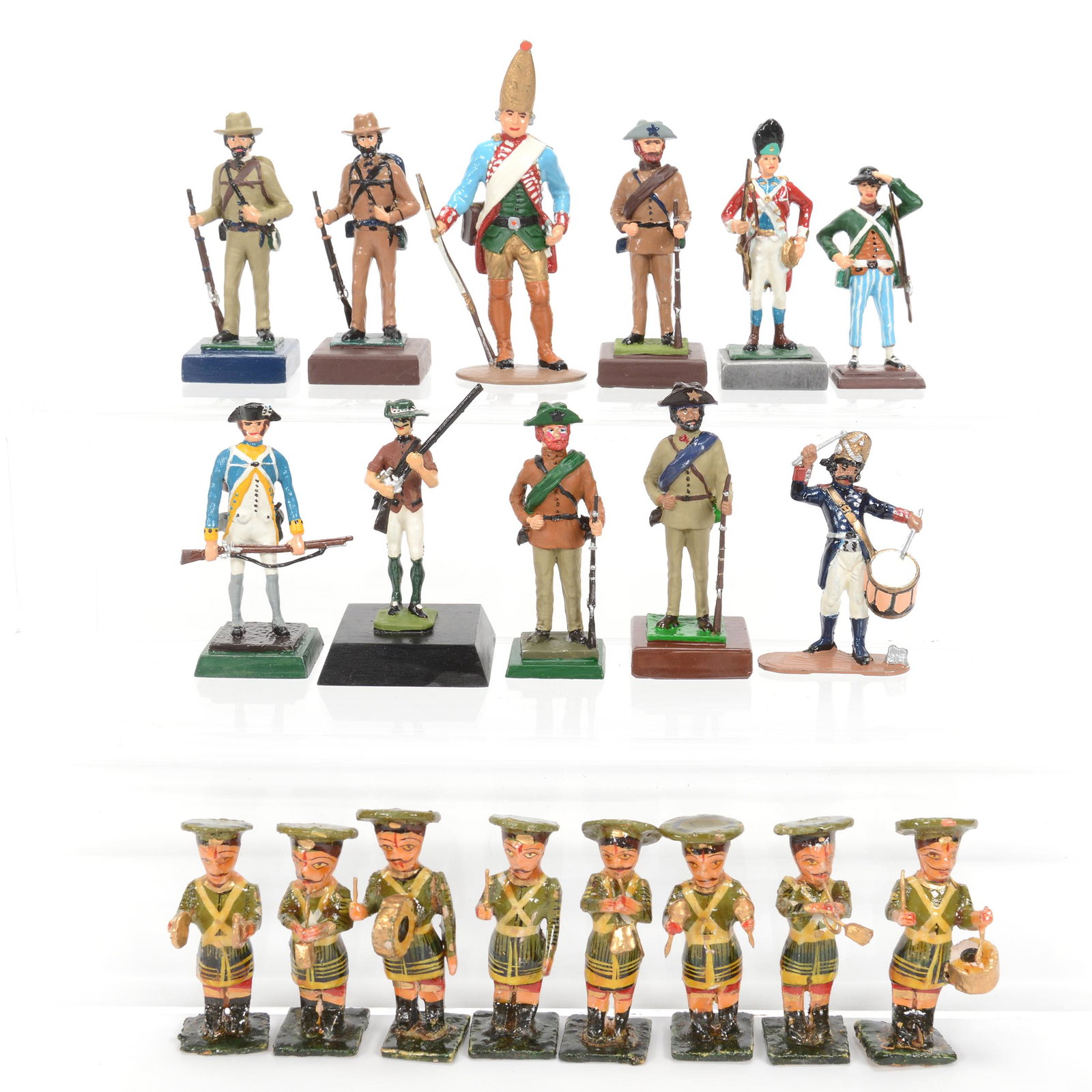 (19) Toy Soldier Figures, Pewter & Wood: (19) Toy Soldier Figures, Pewter & Wood, 3.75" tallest, Various Military Styles, (8) Wooden Figures With Musical Instruments, (1) Drummer Possibly Barclay, Remainder Are Pewter And Other Materials, NE