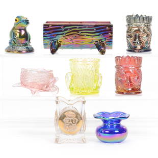 (8) Contemporary Carnival Glass Items: (8) Contemporary Carnival Glass Items, (5) Toothpick Holders, (1) Fenton 5" Town Pump Trough, (1) 2.75" Frog Paperweight, (1) Wheelbarrow Salt Dip, See Photos For Details, NE Kansas private collection