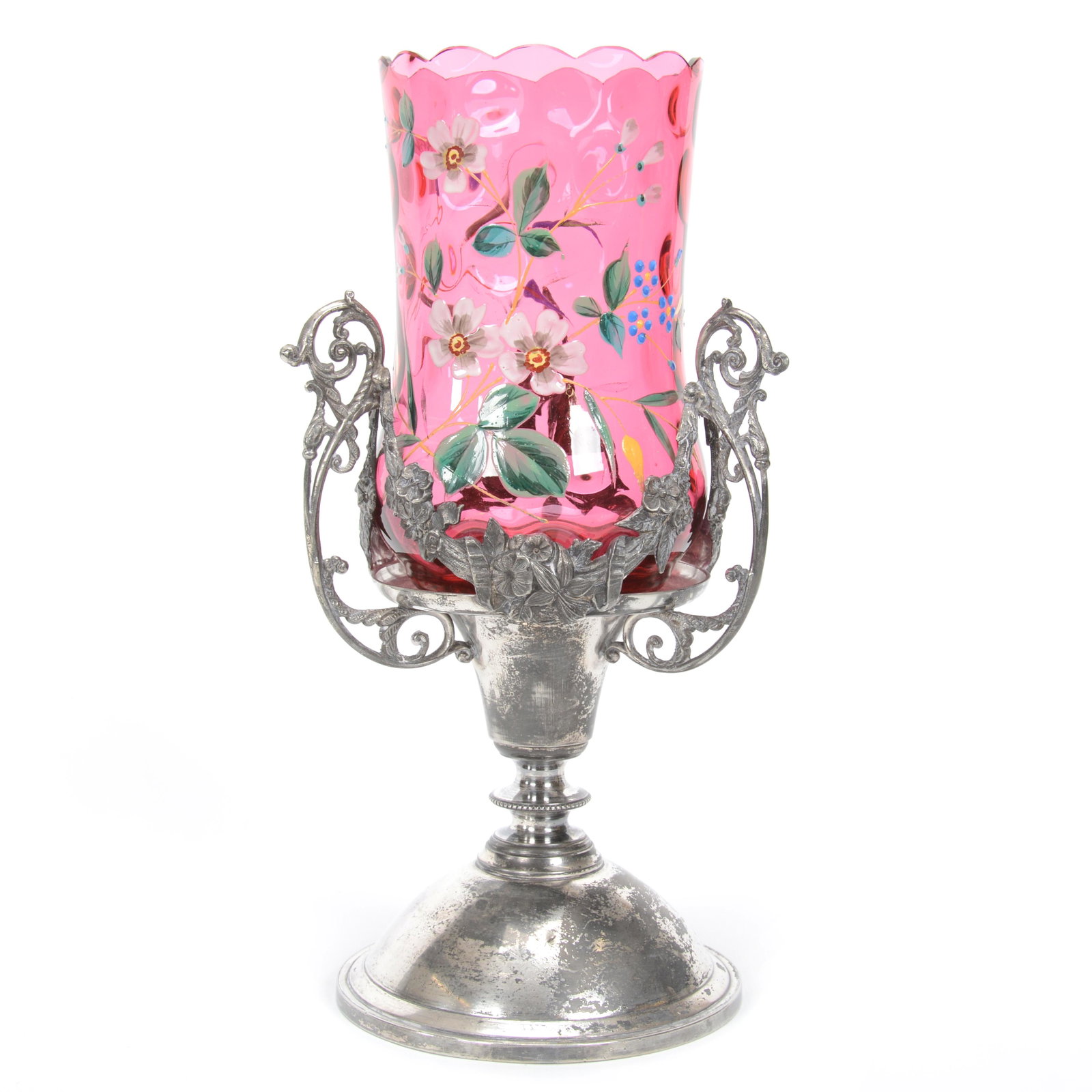 Victorian Pedestal Celery Vase: Victorian Pedestal Celery Vase, 10.75", Cranberry Coinspot Art Glass Insert With Enamel Floral Decor, Set On Pairpoint #1308 Silverplate Frame, This Item was Previously Sold at a Woody Auction, But Bu