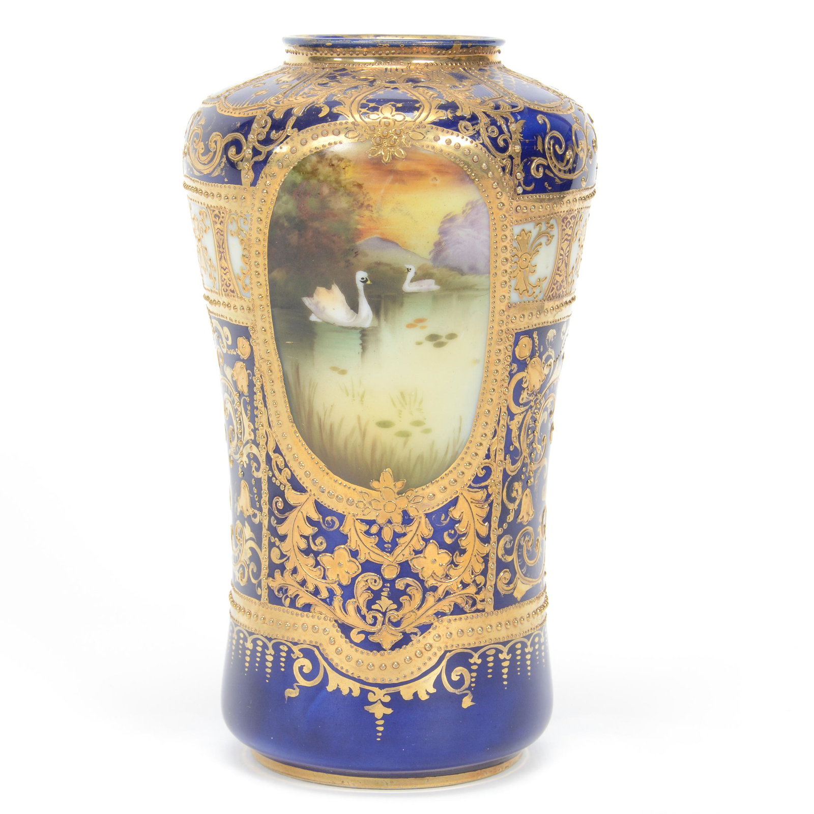 Vase Marked Nippon, Cobalt Blue Background: Vase Marked Nippon, Cobalt Blue Background, 7" x 4", Medallion Swan Scenic Decor, Heavy Gold Highlights, Private collection, KS