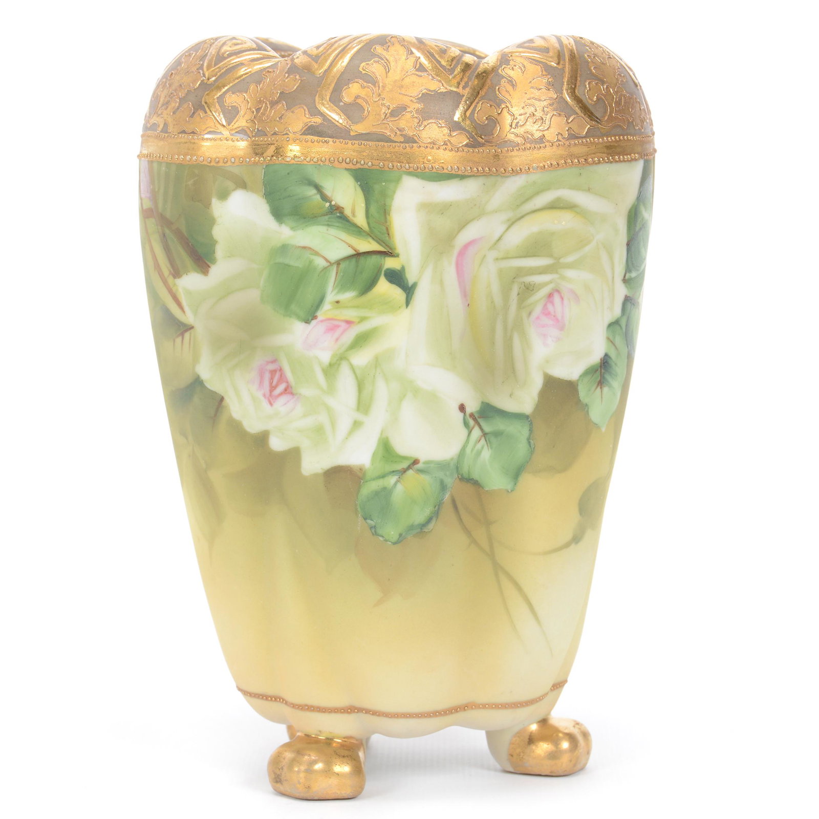 Vase Marked Nippon, Footed: Vase Marked Nippon, Footed, 7" x 5", Green Background, White Rose Decor, Gold Trim Highlights, Private collection, KS