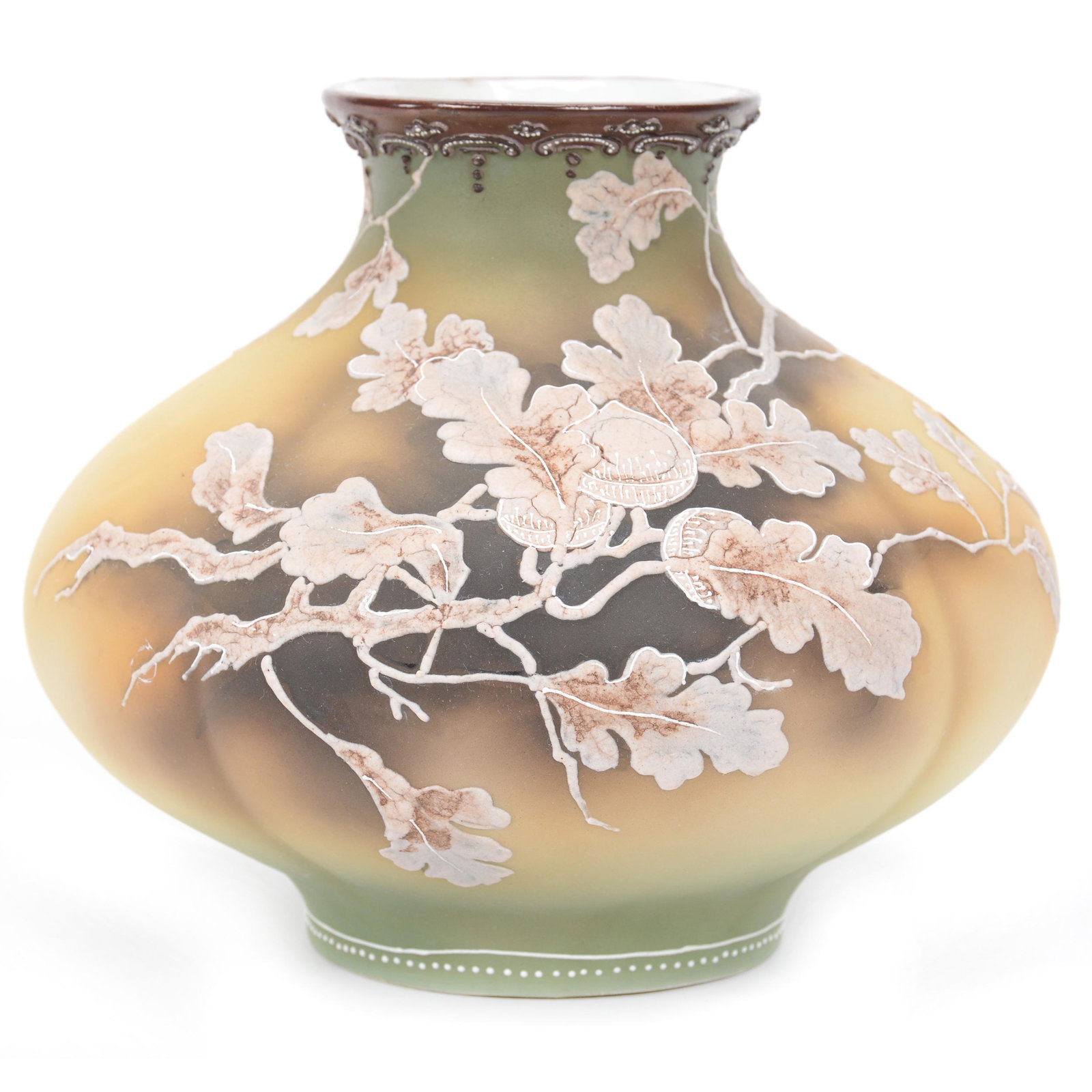Vase Marked Nippon: Vase Marked Nippon, 5.5" x 6.5", Yellow And Green Tones With Acorn Branch Moriaga Decor, Private collection, KS