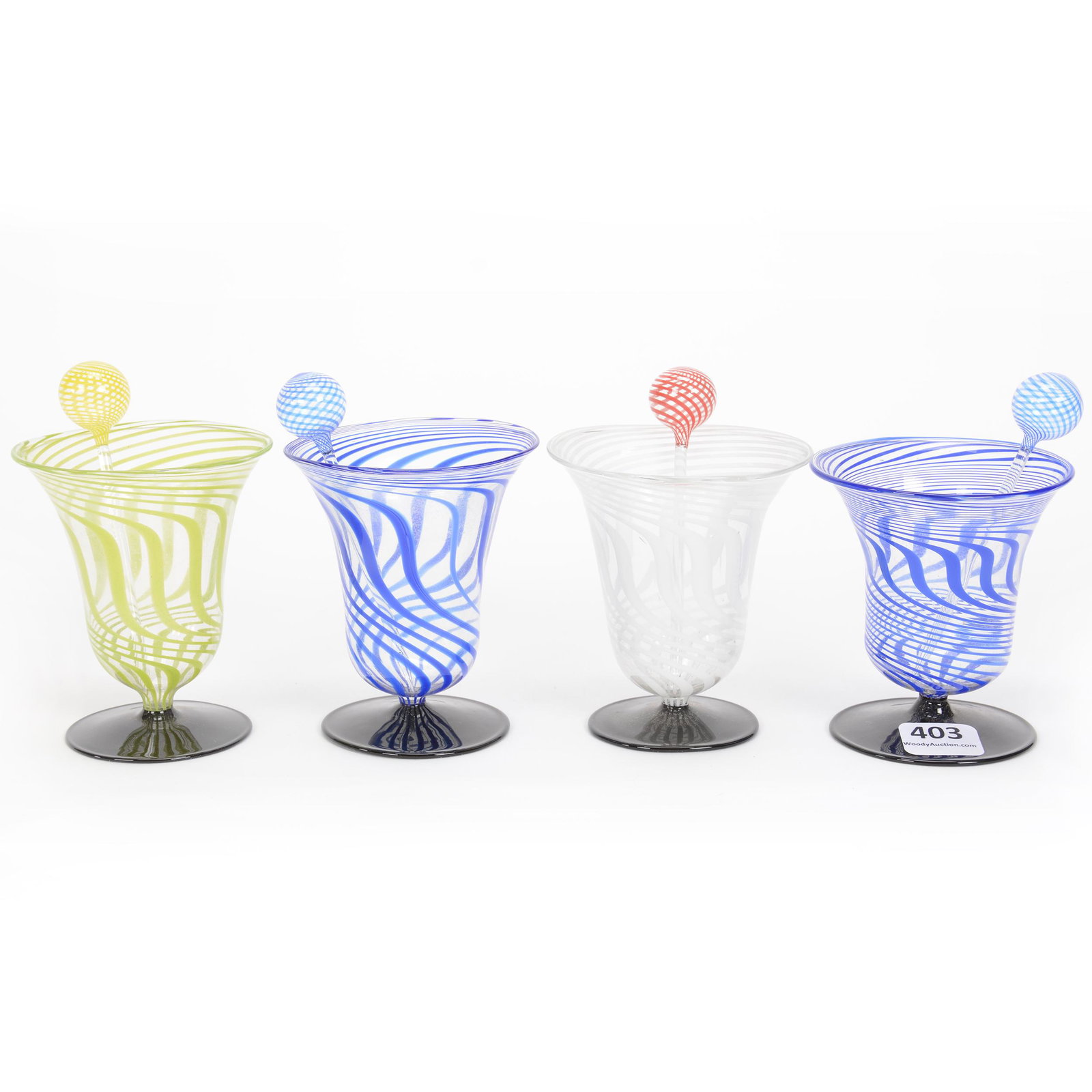 (4) Pedestal Cups, Unmarked Bimini Art Glass: (4) Pedestal Cups, Unmarked Bimini Art Glass, 3.25", Black Amethyst Foot With Nailsea Swirl Design, Colors Include Blue, Green, White, Yellow And Red, (4) Matching Swizzle Sticks, Very Delicate, Gary 