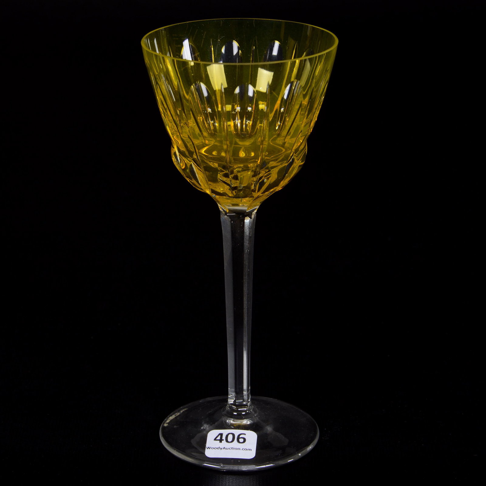 Wine Stem, Unmarked Bohemian Art Glass: Wine Stem, Unmarked Bohemian Art Glass, 7.25", Yellow Cut To Clear, Punty And Miter Motif, Gary Baldwin Collection