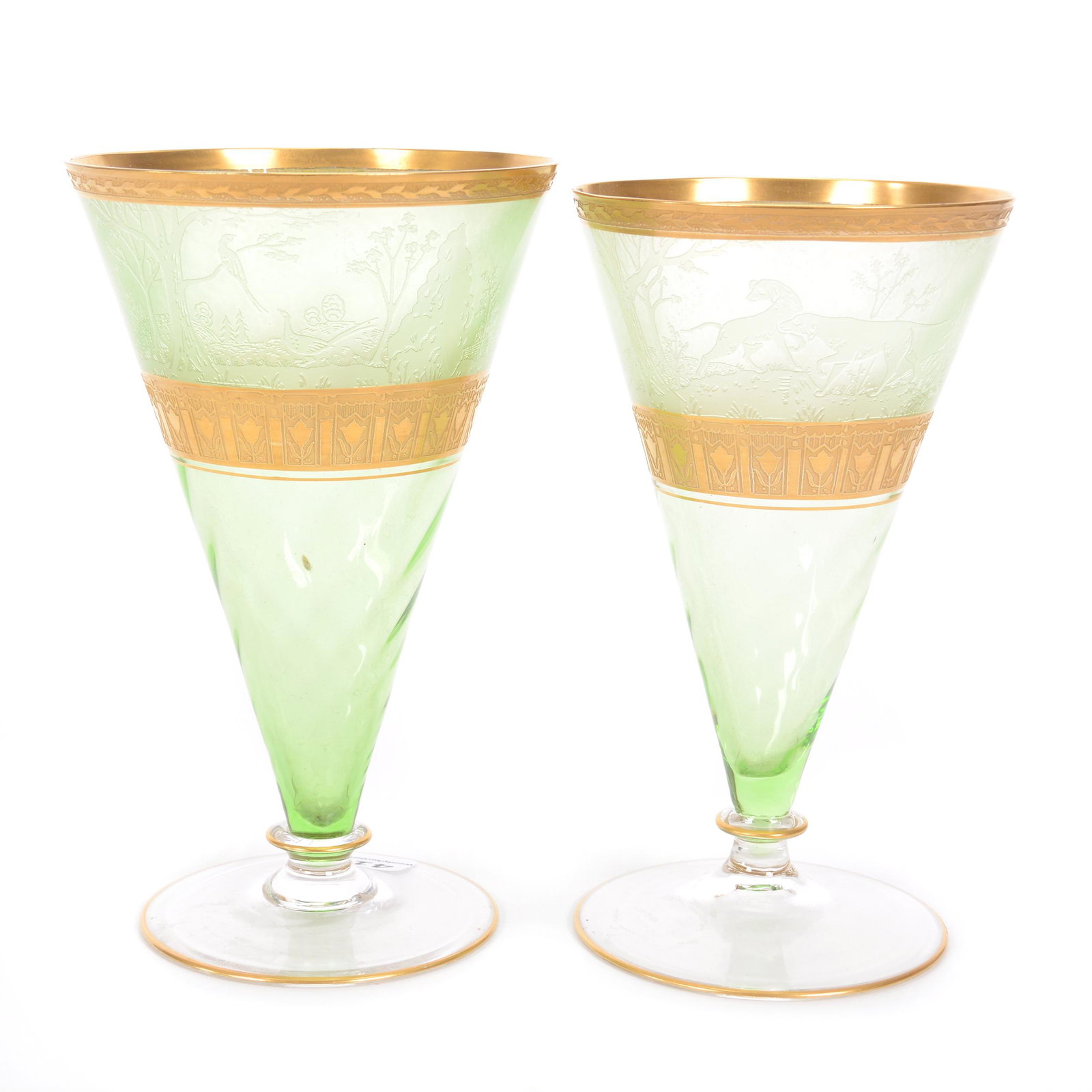 (2) Stems, Unmarked Moser Art Glass: (2) Stems, Unmarked Moser Art Glass, Solid Green With Clear Foot, Rare Acid Engraved Fox Hunt Interior Decor, Exterior Has Engraved Gold Brocade Trim, (1) 6.5", (1) 6.25", Gary Baldwin Collection
