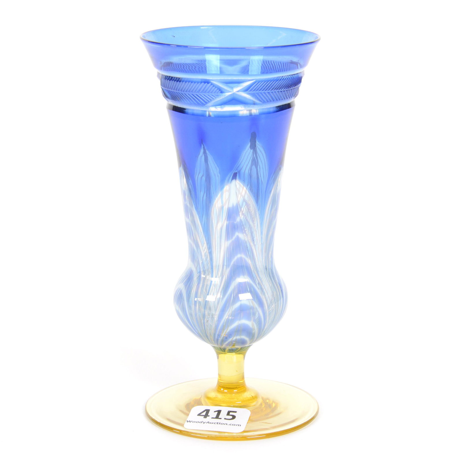 Pedestal Vase, Unmarked Durand Art Glass: Pedestal Vase, Unmarked Durand Art Glass, 5.5", Blue With Pulled Feather Design, Applied Yellow Foot, Engraved Feather Border, Gary Baldwin Collection
