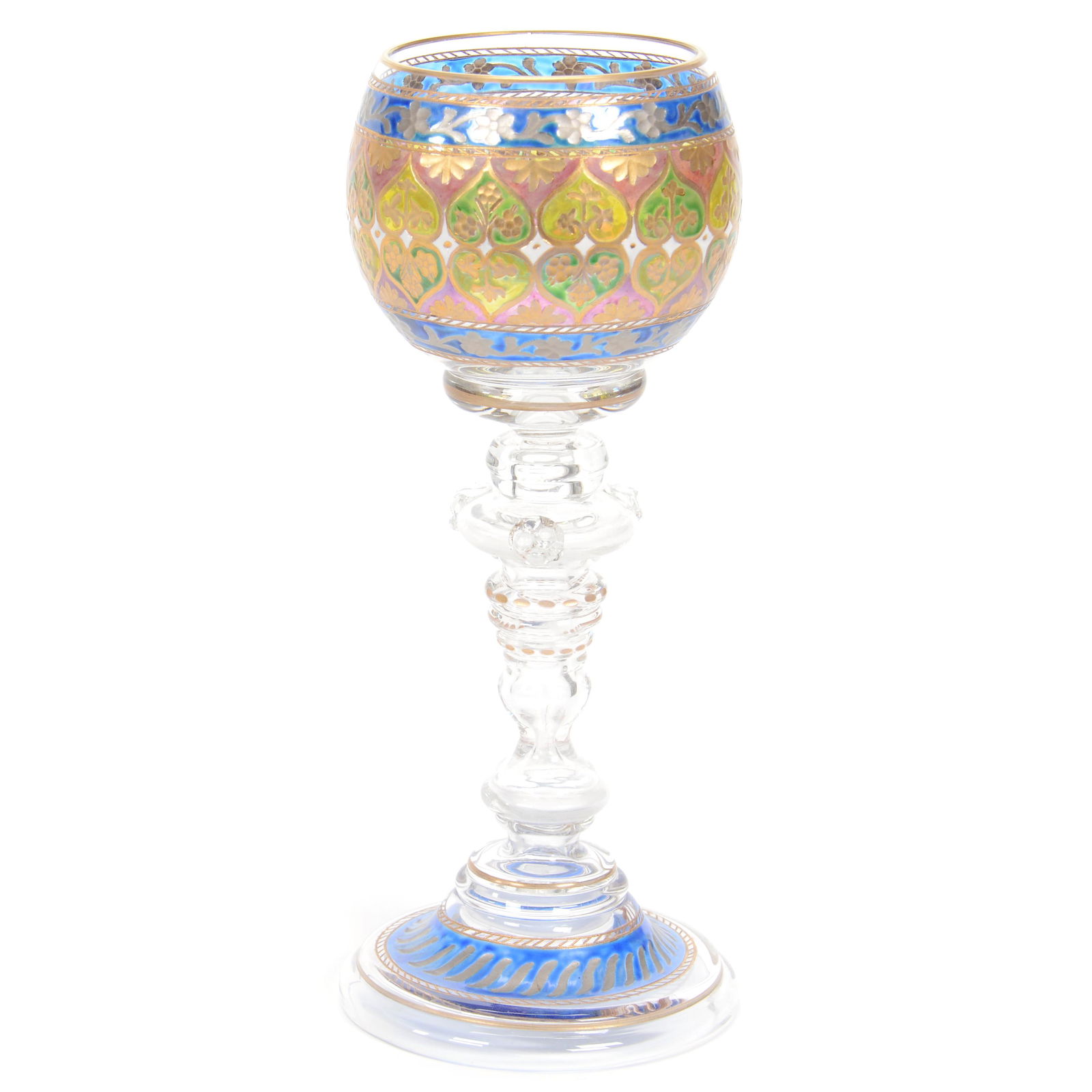 Wine Stem, Fritz Heckert Art Glass: Wine Stem, Fritz Heckert Art Glass, 7.5", Clear Crystal With Engraved Floral And Heart Design, Pink, Blue And Green Colored Highlights Along With Gold Stenciling, Circa 1885, Gary Baldwin Collection
