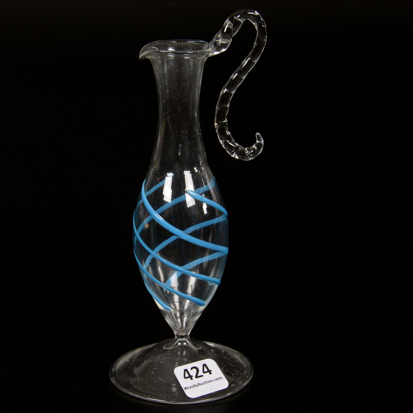 Pedestal Ewer, Bimini Art Glass, Circa 1920's: Pedestal Ewer, Bimini Art Glass, Circa 1920's, 6.75", Clear Crystal With Applied Blue Swirled Design, Gary Baldwin Collection