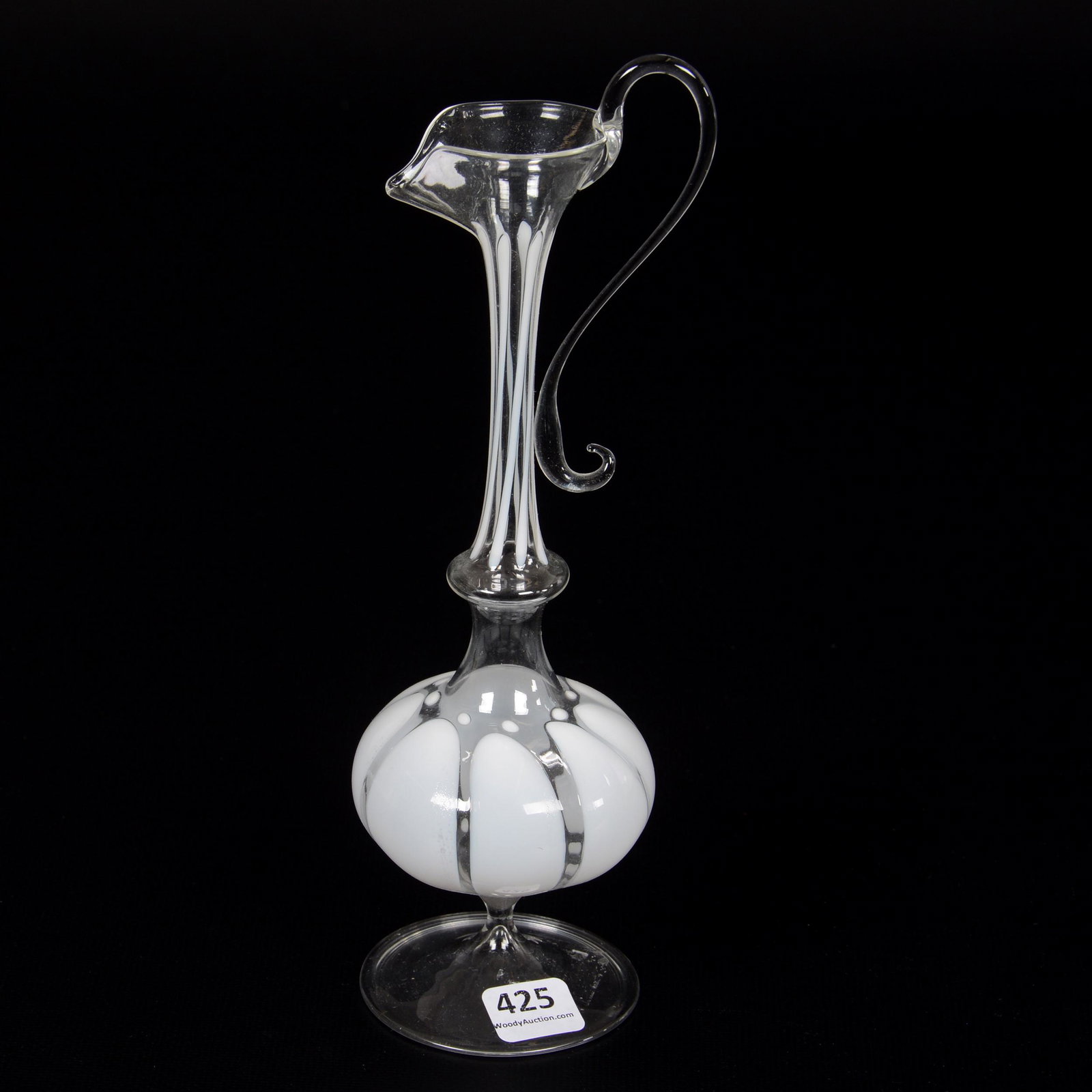Pedestal Ewer, Bimini Art Glass, Circa 1920's: Pedestal Ewer, Bimini Art Glass, Circa 1920's, 9.25", Clear Crystal With Opal Petals Design, Gary Baldwin Collection