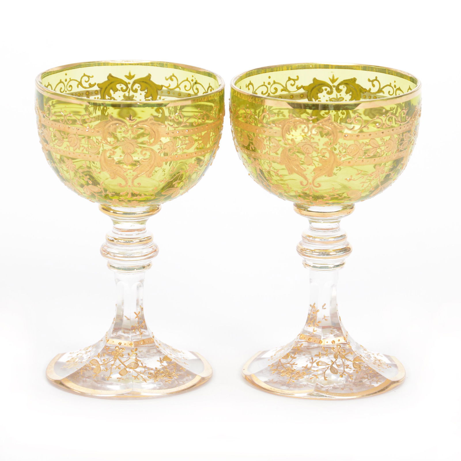 (2) Wine Stems, Unmarked Moser Art Glass: (2) Wine Stems, Unmarked Moser Art Glass, 4", Green Shading To Clear, Heavy Gold Enamel Floral Design, Gary Baldwin Collection