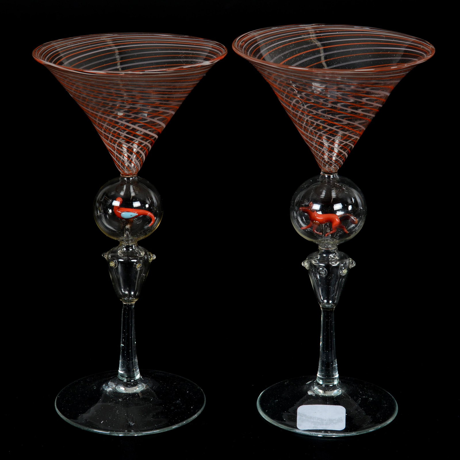 (2) Wine Stems, Bimini Art Glass, Circa 1920's: (2) Wine Stems, Bimini Art Glass, Circa 1920's, 6.75", Clear Crystal With Orange And White Swirl Bowl, One Features Pheasant Enclosed In Glass Bubble, One Features Fox Enclosed In Glass Bubble On Stem